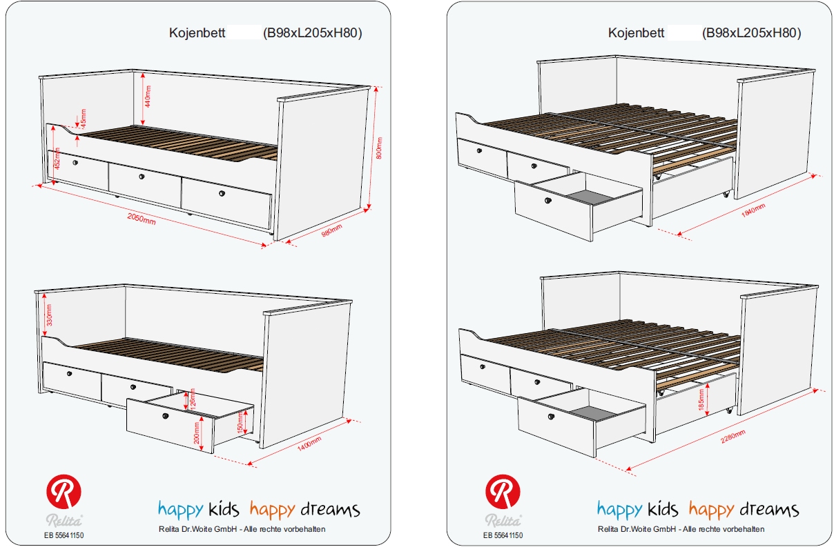 Relita Funktionsbett KIRA 90/180x200 inkl. Lattenrost und 3 Schubladen MDF weiß