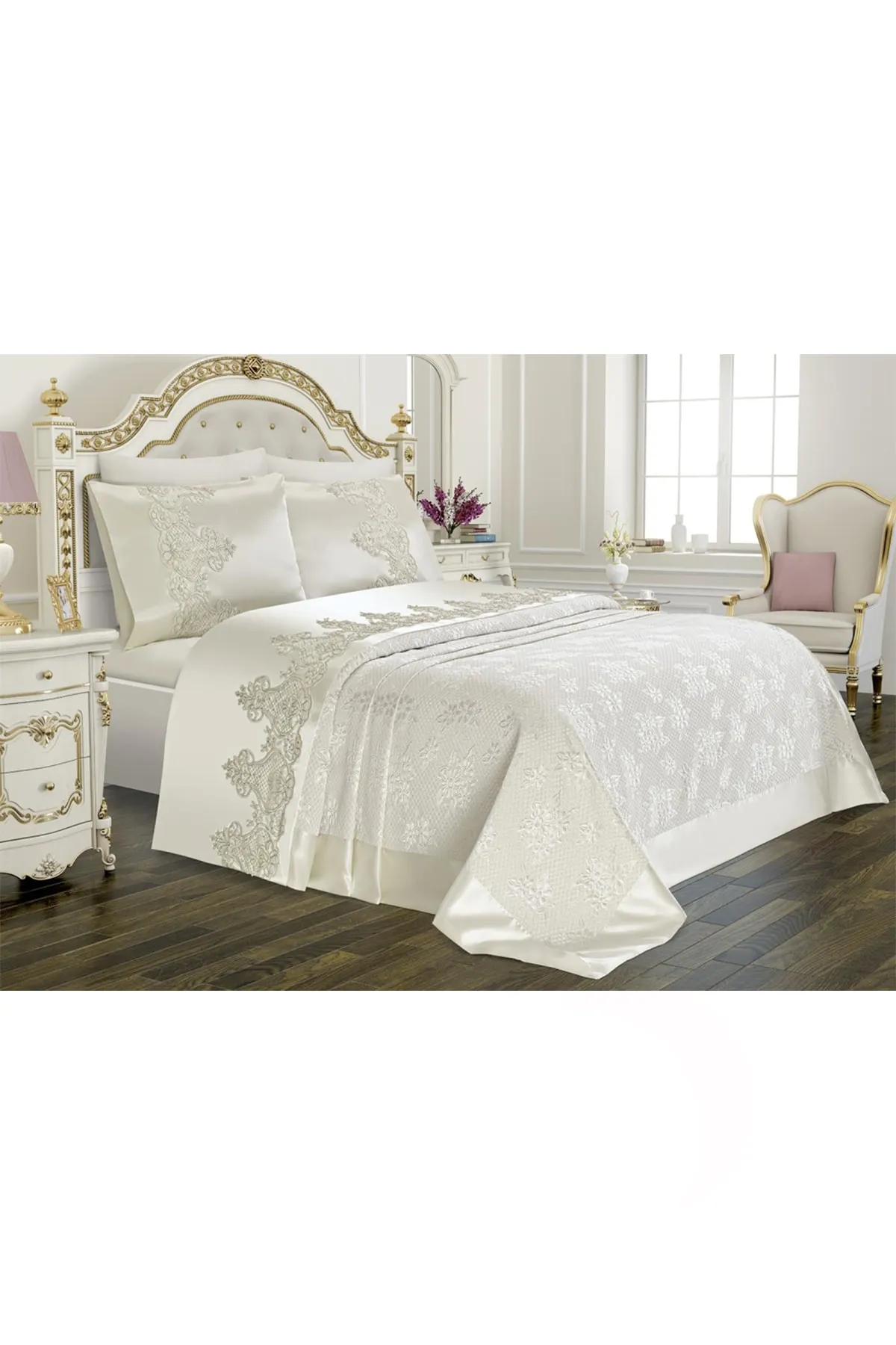 Çeyiz Diyarı  Doppeltes Mitgift-Piqué-Set Dubai Plain Cream 206105