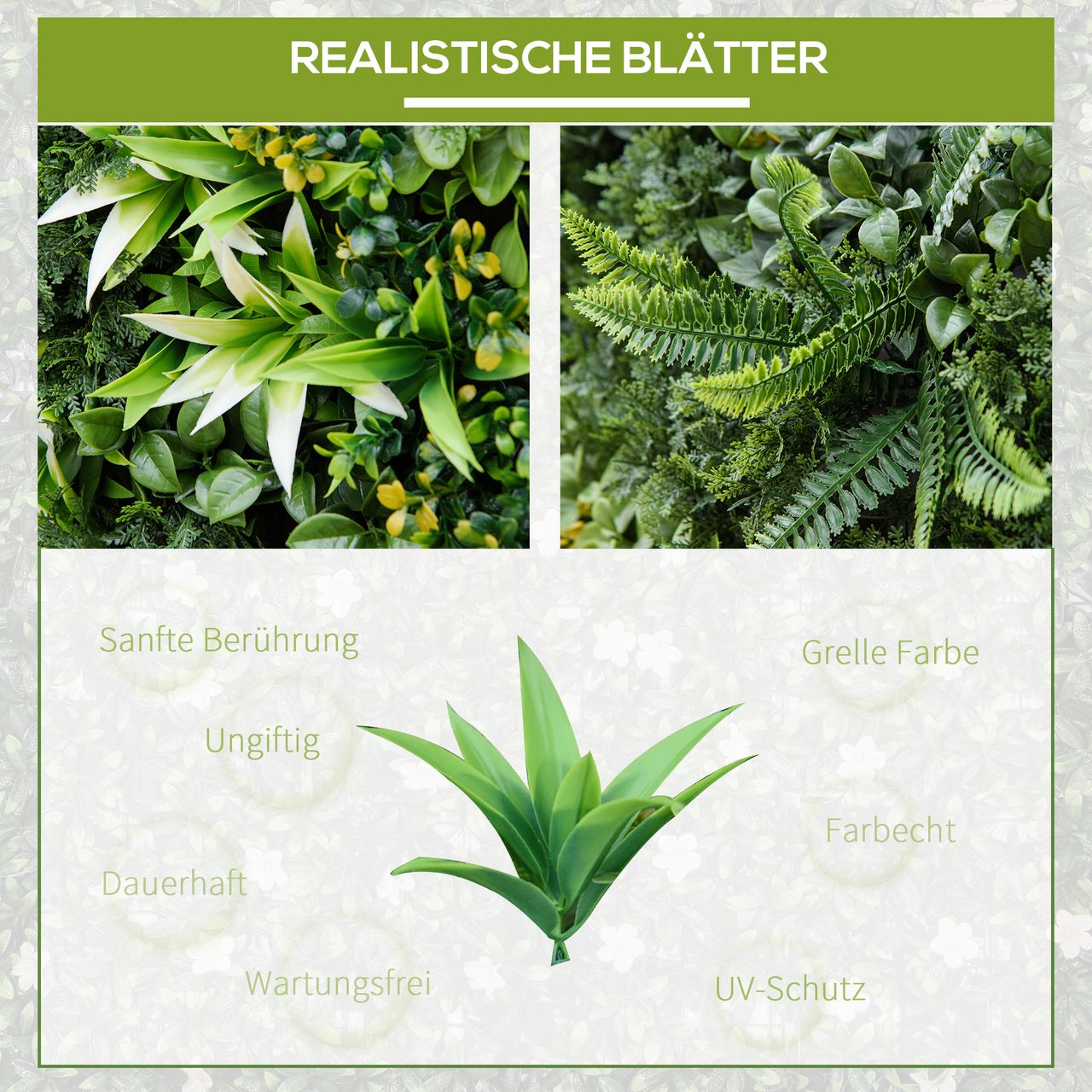 Outsunny 12 Stück künstliches Pflanzenwand Hecke 50x50 cm UV-Schutz Sichtschutz Mehrblättriges Design Heckenpflanze für Garten Outdoor Dekor