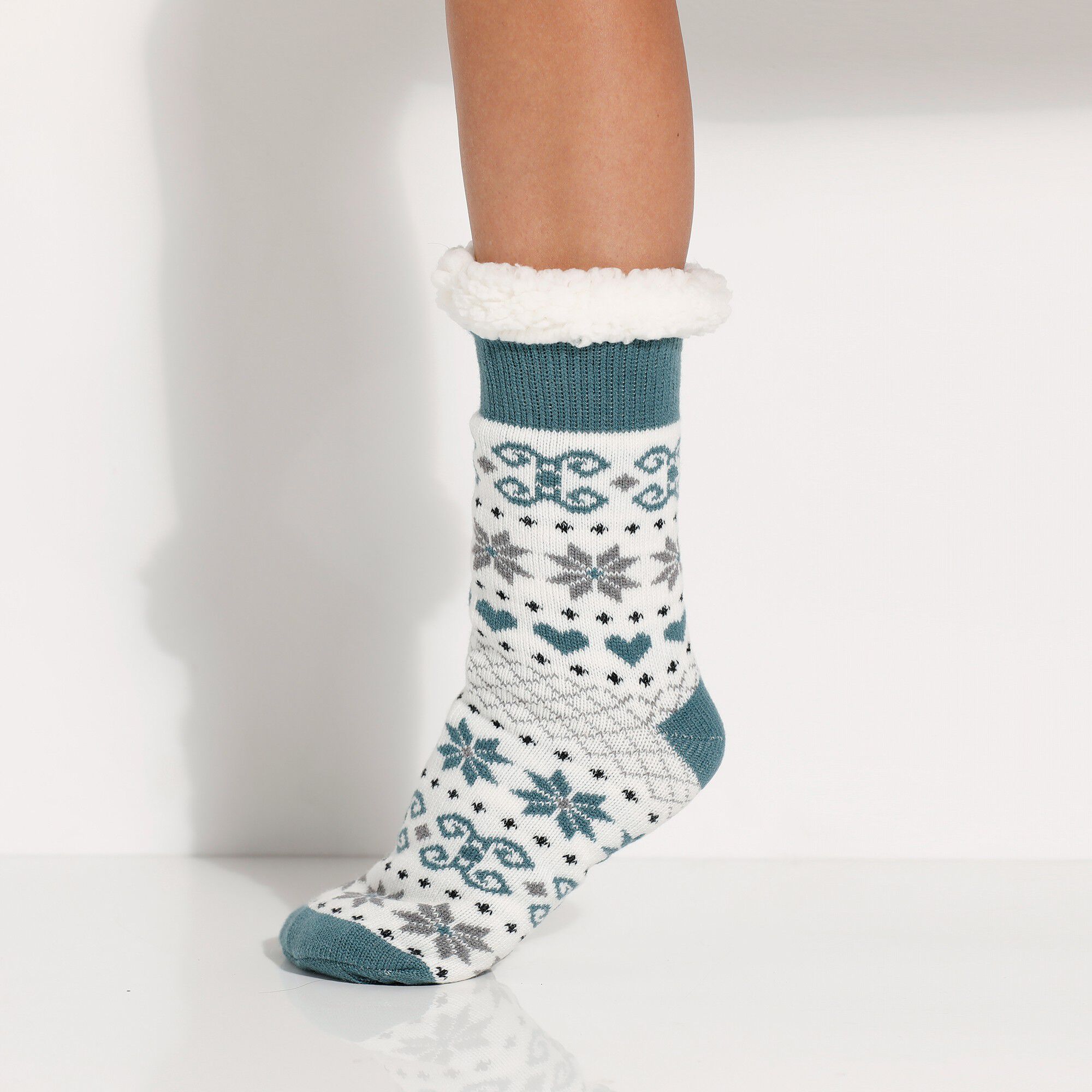 Chaussons-chaussettes fourrés motif flocons, antidérapants