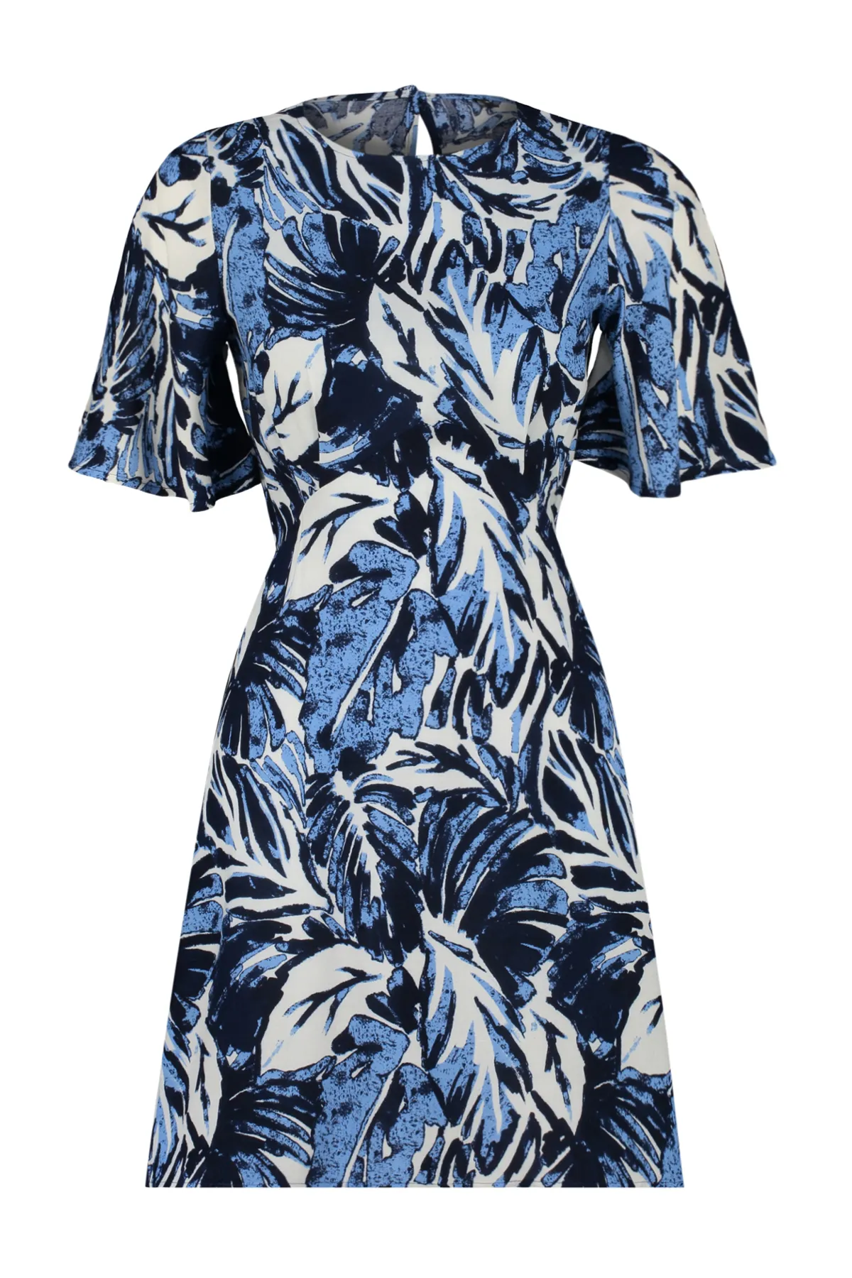 Trendyol Collection  Blaues A-Linien-Minikleid aus Viskosegewebe mit tropischem Blumenmuster TWOSS24EL00632