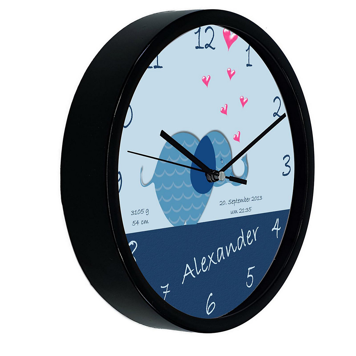 Kinder Wanduhr personalisiert mit Name Elefant blau