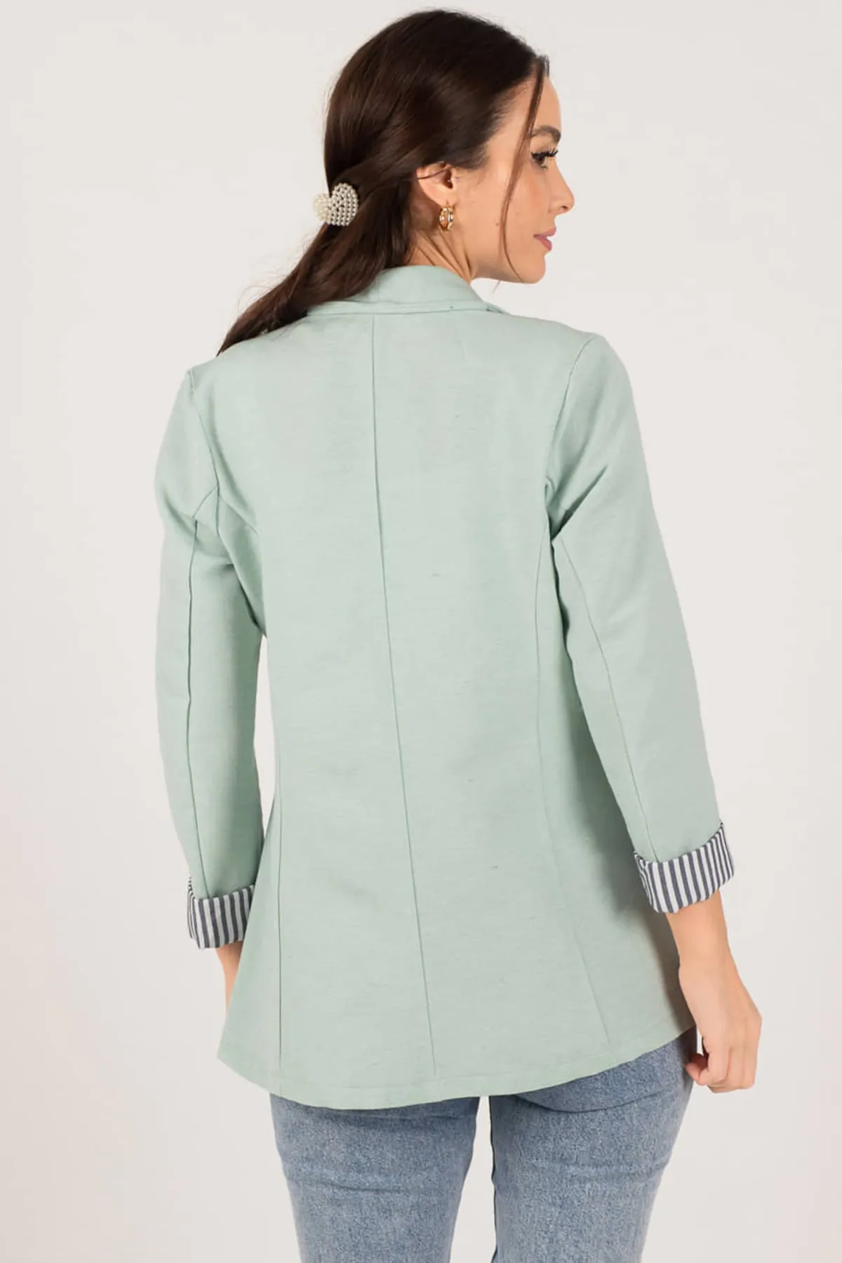 armonika  Gestreifte Jacke mit einem Knopf für Damen in Mintgrün, ARM-22K001122