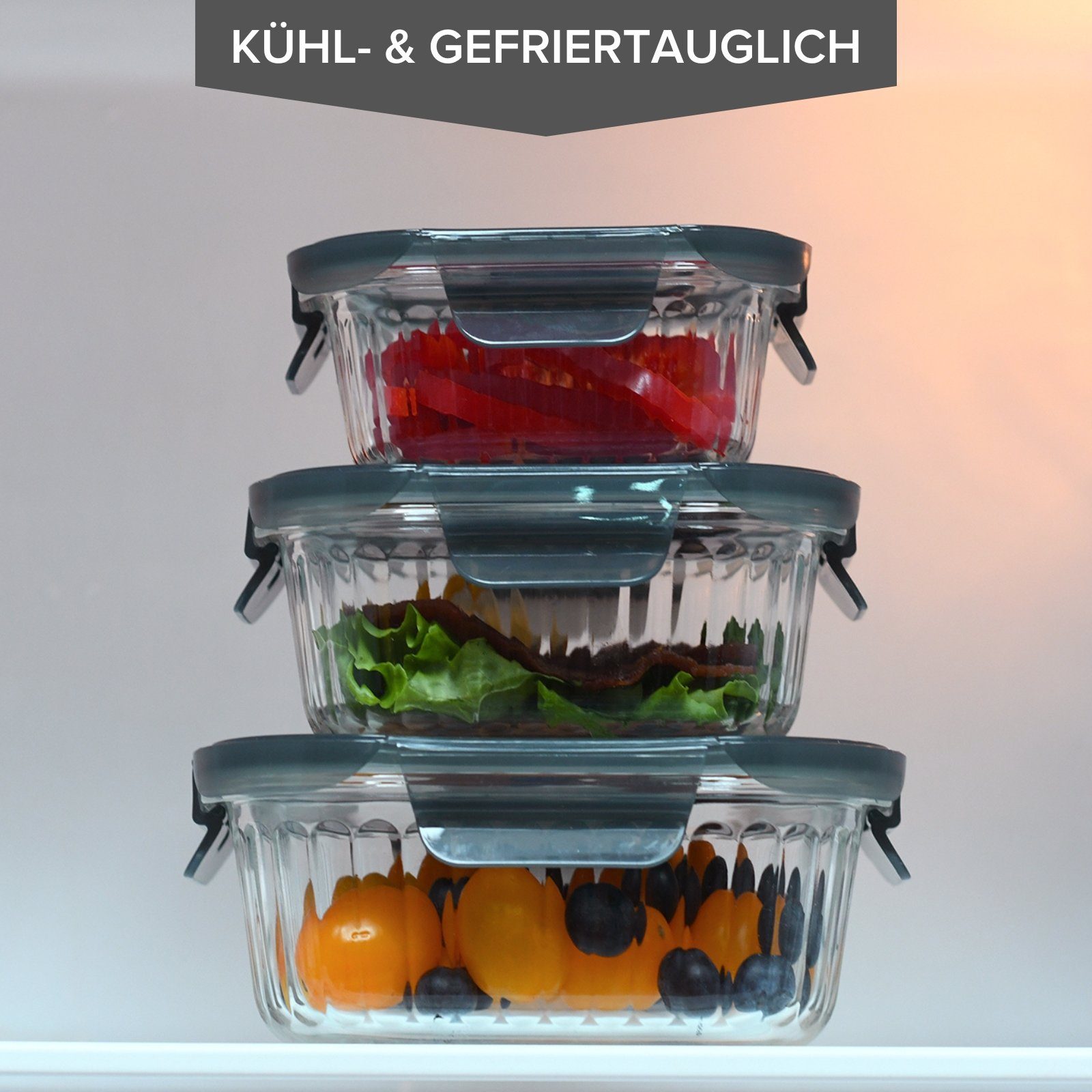 PIE LOCK Vorratsdose Vorratsdosen Glas mit Deckel - Frischhaltedosenset, Borosilikatglas, (PIE LOCK, 3 tlg. rund, Vorratsdosen-Set, Borosilikatglas, Mikrowellendeckel, 400ml, 620ml, 950ml, stapelbar, Frischhaltedose, Brotdose, Meal Prep, 6-tlg., Prem