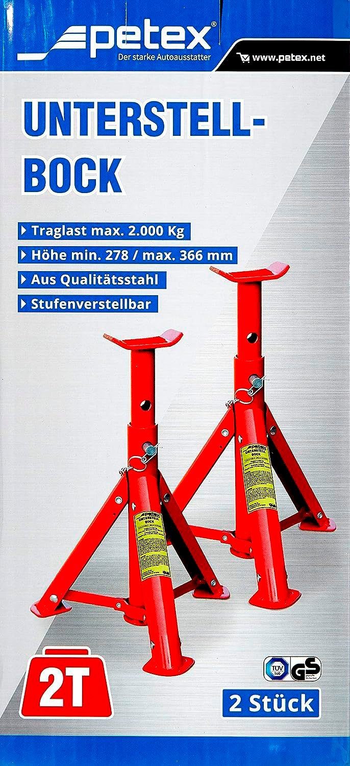 Petex Unterstellbock mit Sicherungssplint, höhenverstellbar und faltbar, 2er Set, Tragkraft: 2 Tonnen, rot