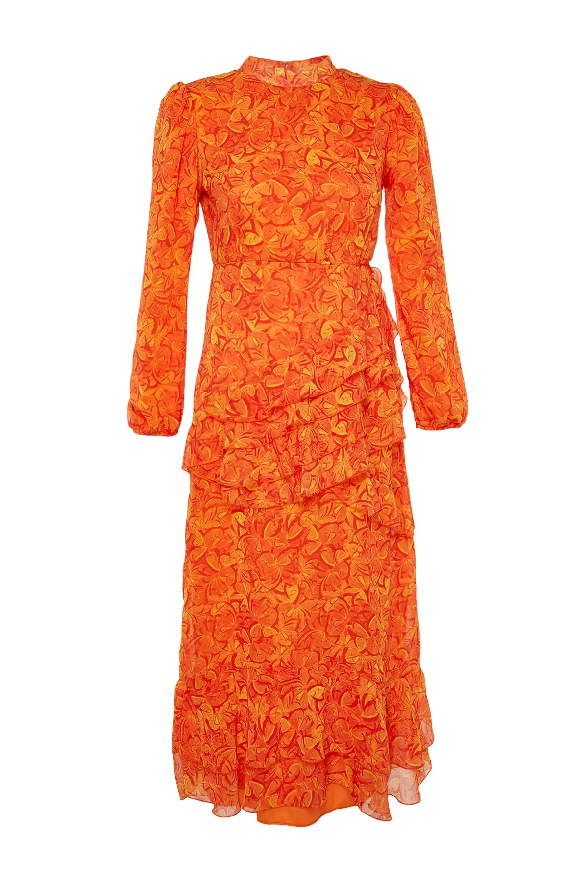 Trendyol Modest  Orangefarbenes Kleid aus gewebtem Chiffon mit Blumenrock, Rüschenfutter TCTSS23EB00160