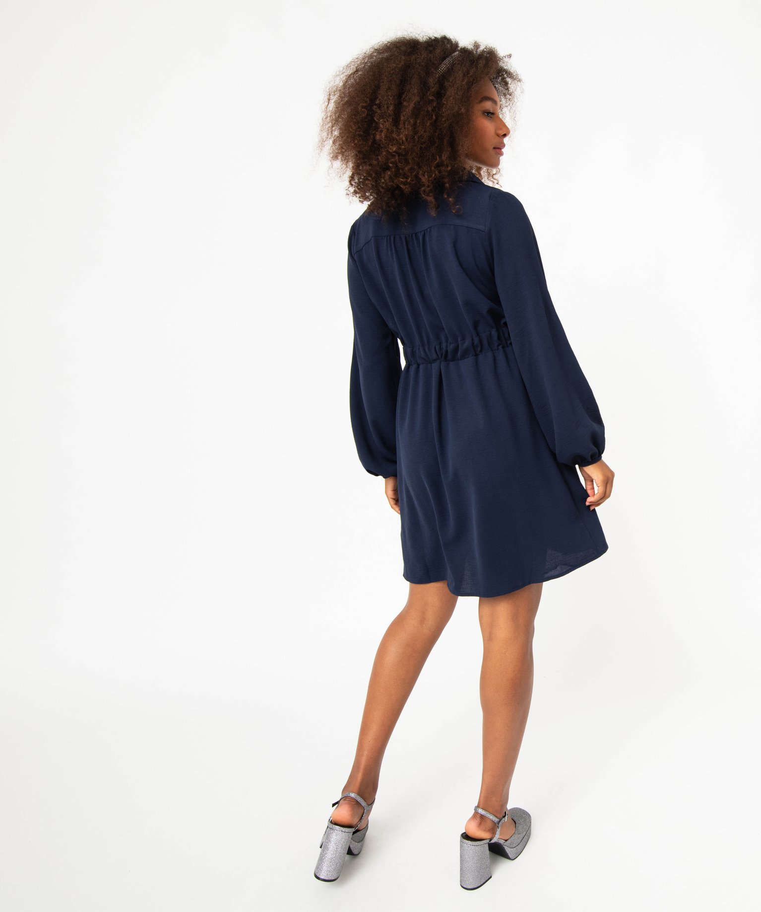 Robe à manches longues avec col chemise femme bleu fonce | GEMO