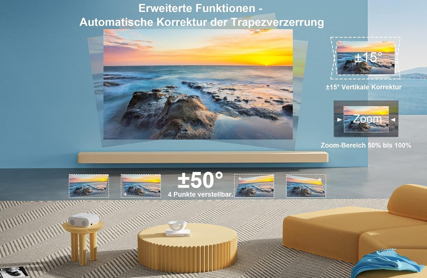 Jimveo 1080P 4K Unterstützt Projektor, 750ANSI Portabler Projektor (20000 lm, 18000:1 Jimveo, 3840x2160 px, Maximal 300''Display Innovativer Gut Qualität Vielseitige Anschlüsse)