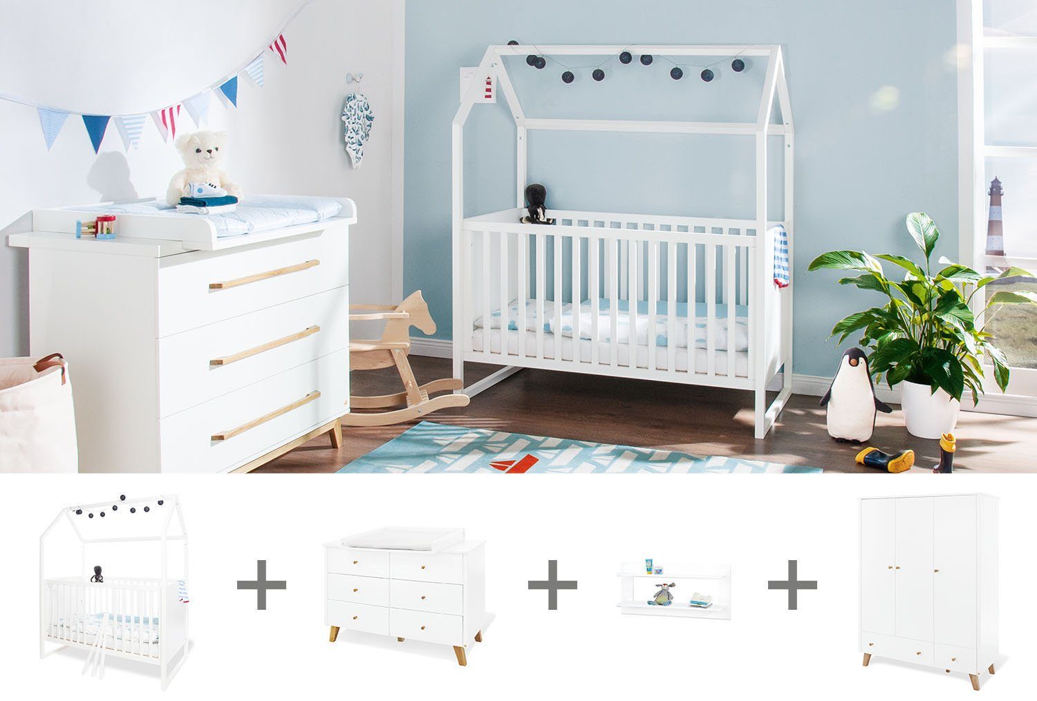 Pinolino® Babyzimmer-Komplettset Hilda & Pan, (Set, 4-St., Hausbett, Wickelkommode, Kleiderschrank, Wandregal), extrabreit groß; Wickelkommode, 3-trg. Kleiderschrank & Wandregal