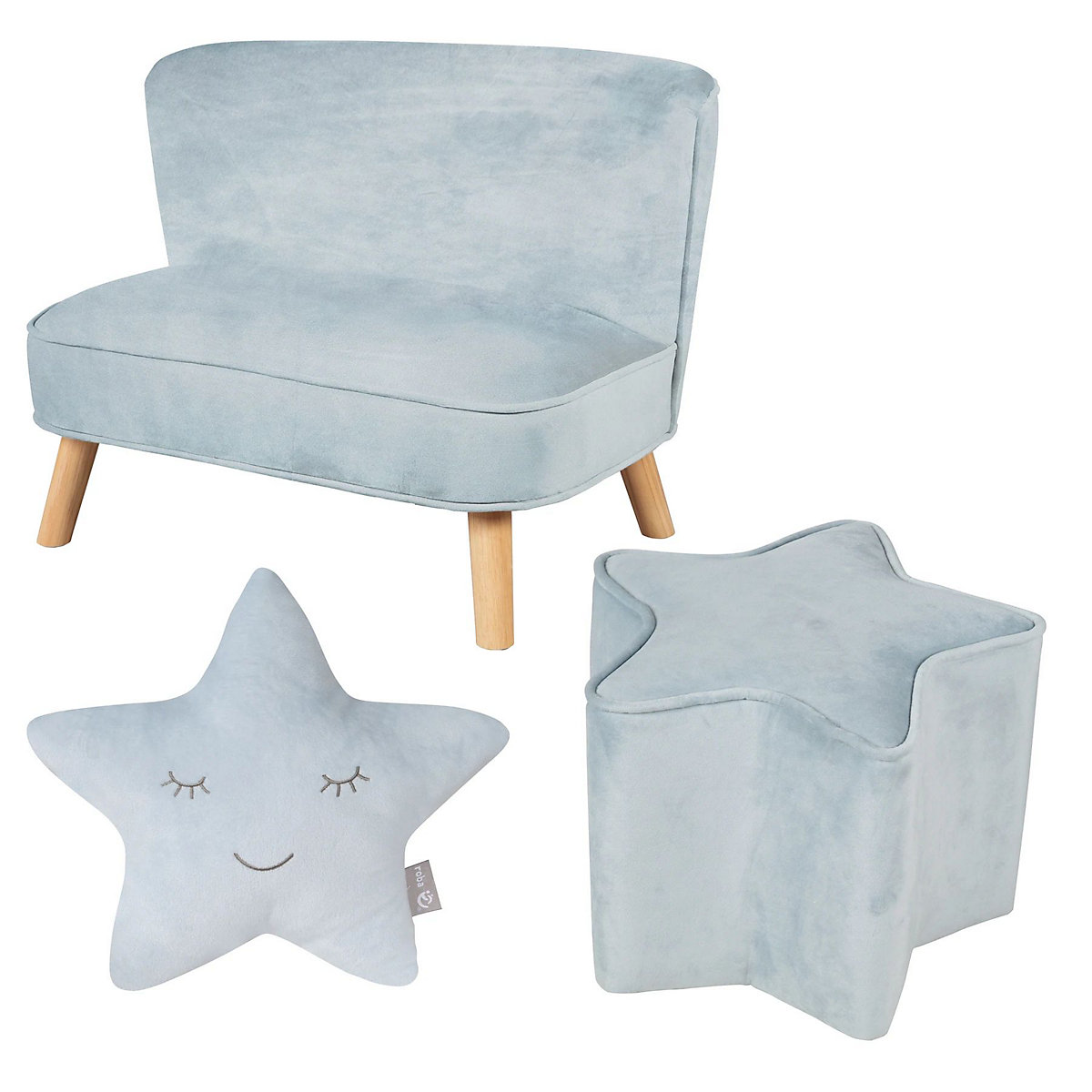 Bundle Lil Sofa - 1x Kindersofa mittel, 1x Kinderhocker und 1x Dekokissen in Sternenform hellblau/sky
