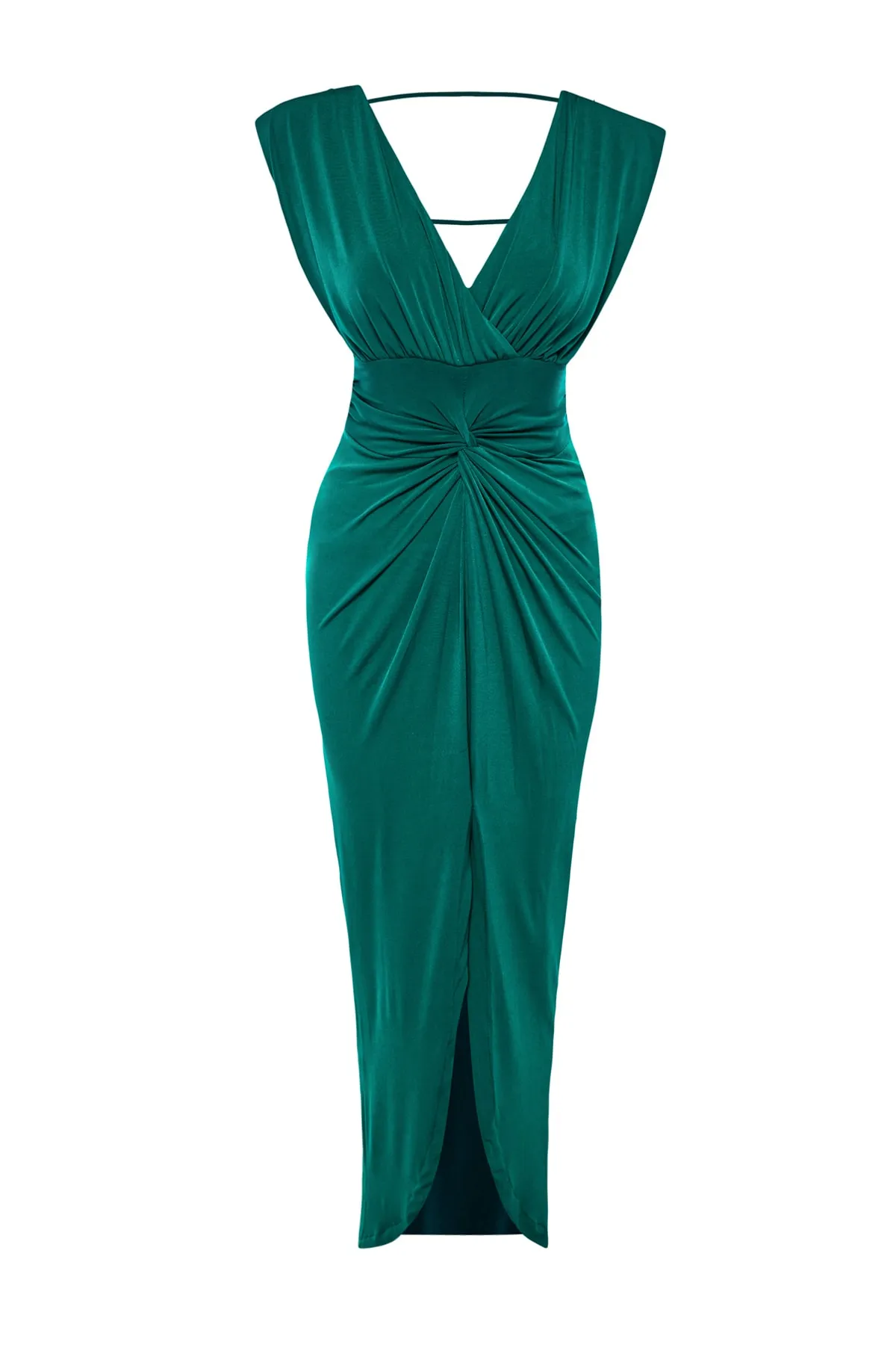 Trendyol Collection  Smaragdgrünes gefüttertes langes Abendkleid mit Strickpaspelierung TPRSS22AE0034