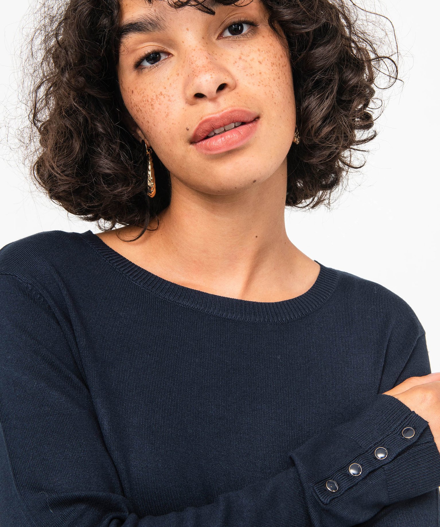 Pull à col rond en maille fine femme bleu | GEMO