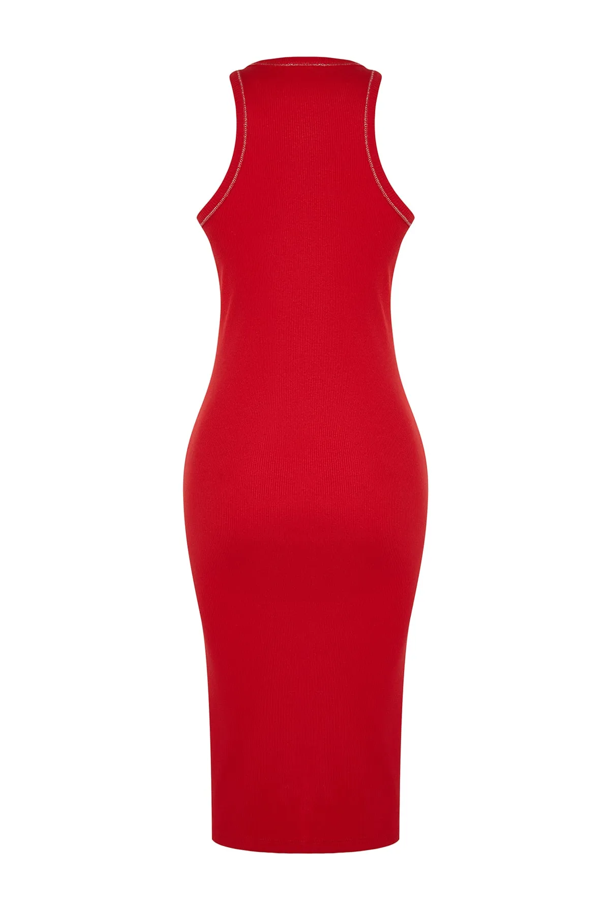 Trendyol Collection  Rotes, nachhaltigeres, tailliertes, geripptes Mini-Strickkleid mit Neckholder TWOSS23EL01970
