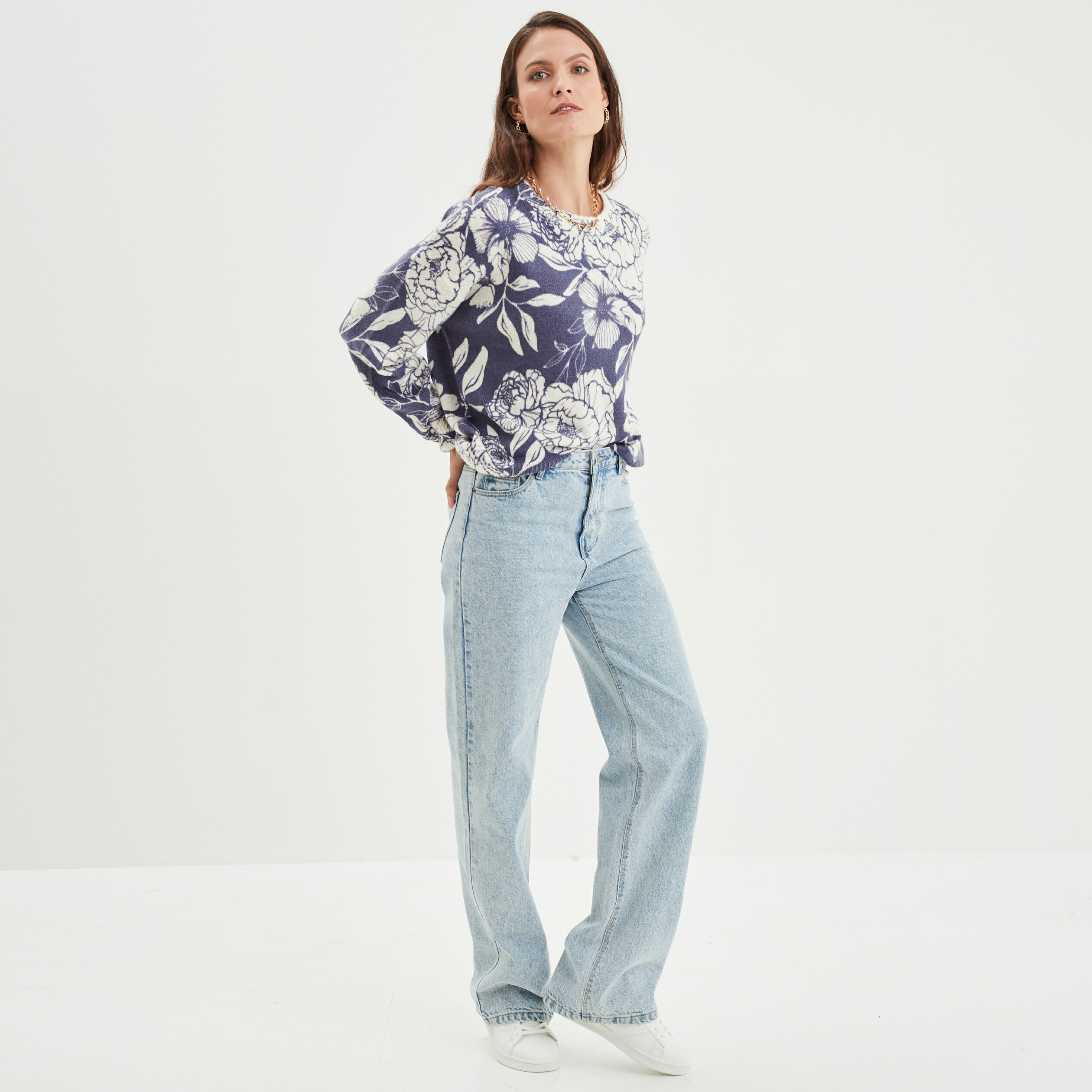 Pull col rond manches longues bleu femme | La Halle