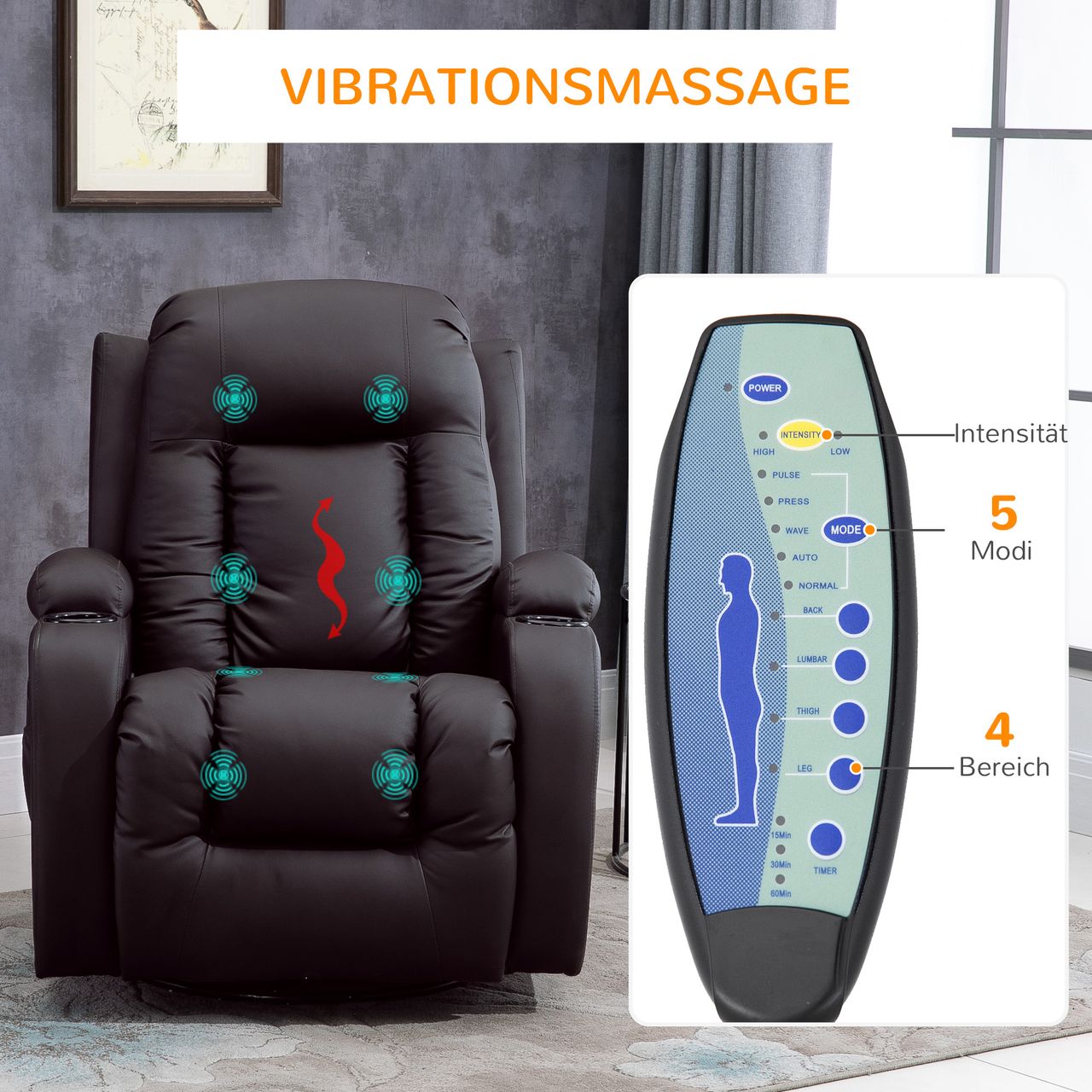 HOMCOM Massagesessel Fernsehsessel Relaxsessel mit Wärmefunktion, Liegefunktion