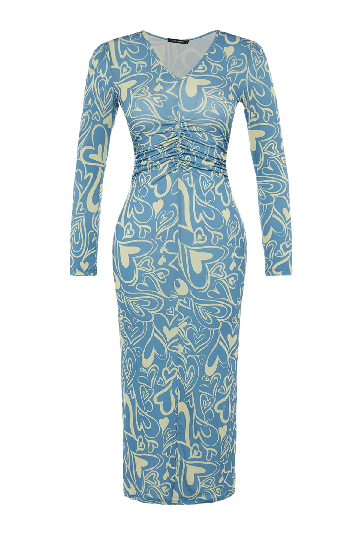 Trendyol Collection  Blau bedrucktes Strickkleid mit V-Ausschnitt TWOAW23EL00462