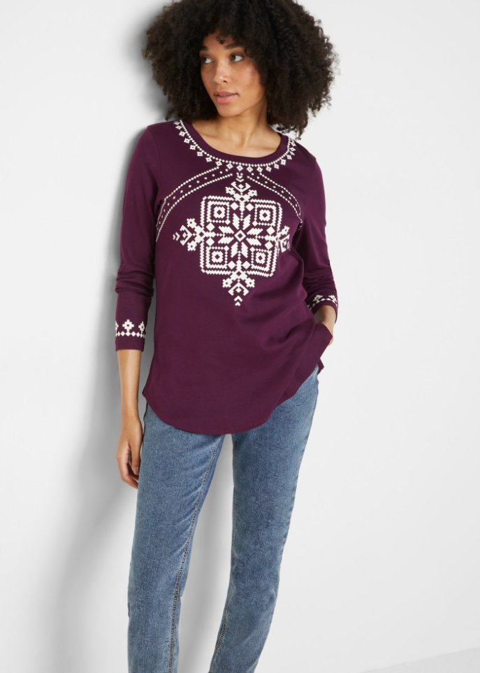 Baumwollripp-Langarmshirt mit Norwegermotiv