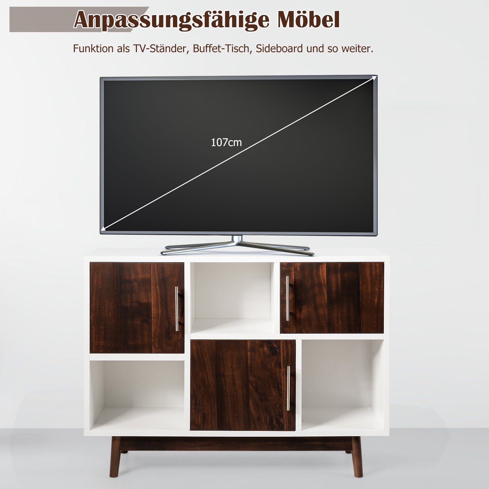 COSTWAY Sideboard, Bücherregal mit Türen & 6 Fächern, 102x33x76cm