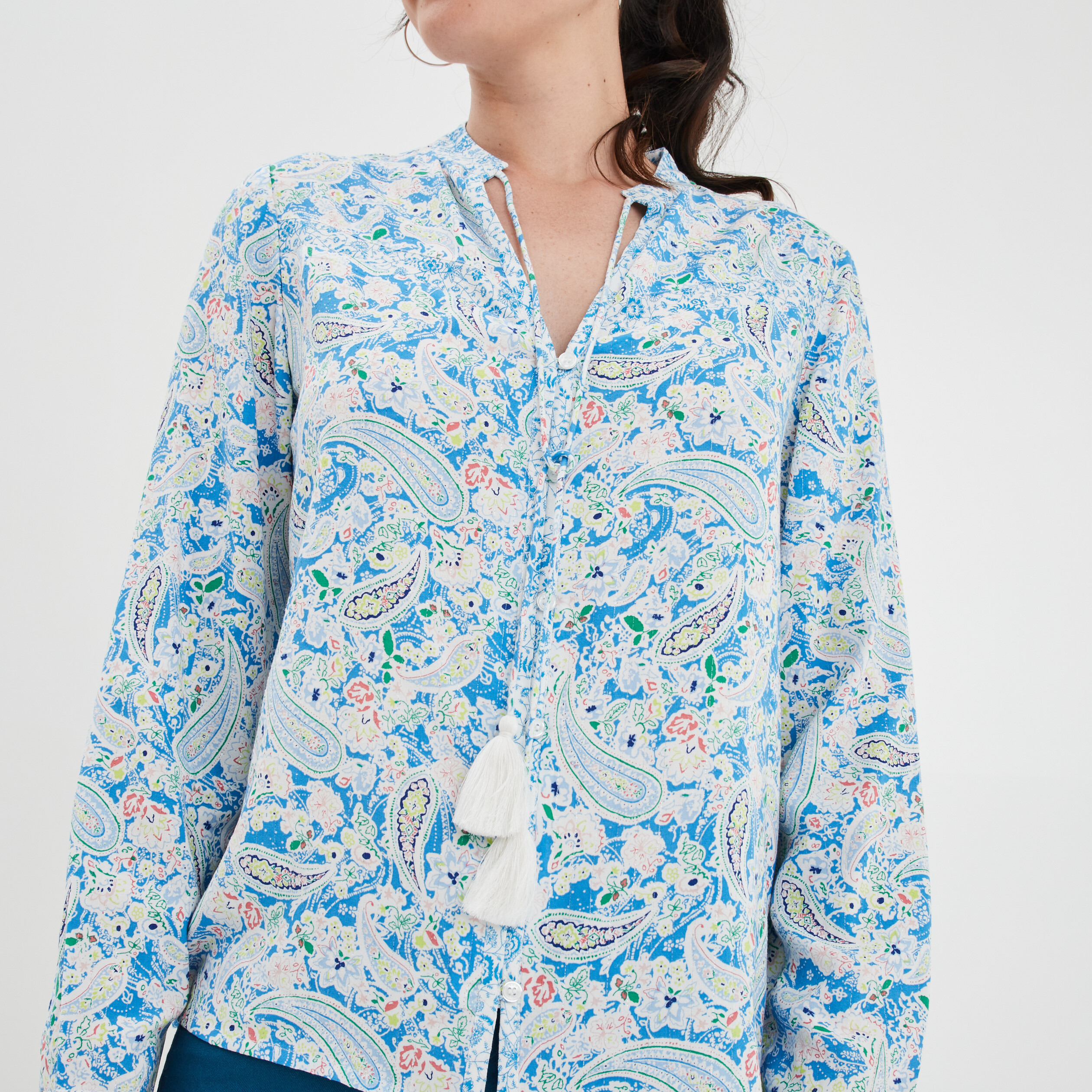 Chemise col cordons à pampilles blanc femme | La Halle
