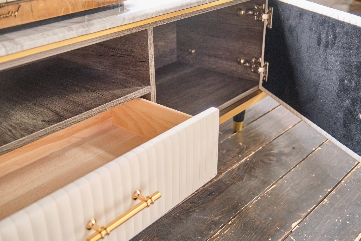 KAWOLA Lowboard MARIA, TV-Bank Marmorplatte Kunstleder versch. Farben