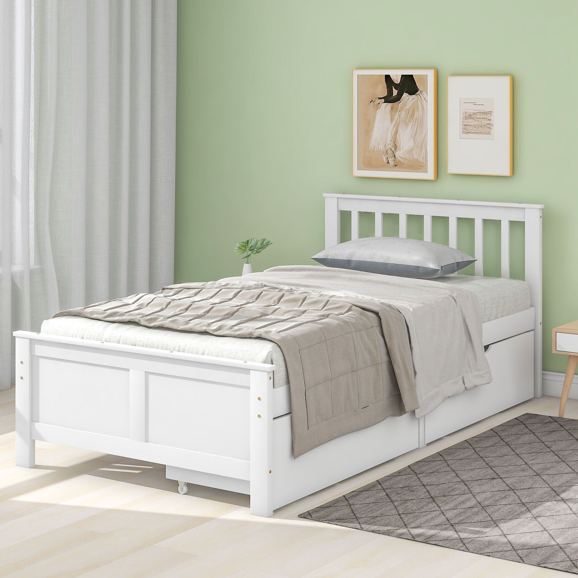 OKWISH Holzbett Bett, Jugendbett, Erwachsenenbett, Kinderbett (Rahmen aus Kiefernholz, weiß 90x200cm, mit Schubladen zur Aufbewahrung), Ohne Matratze