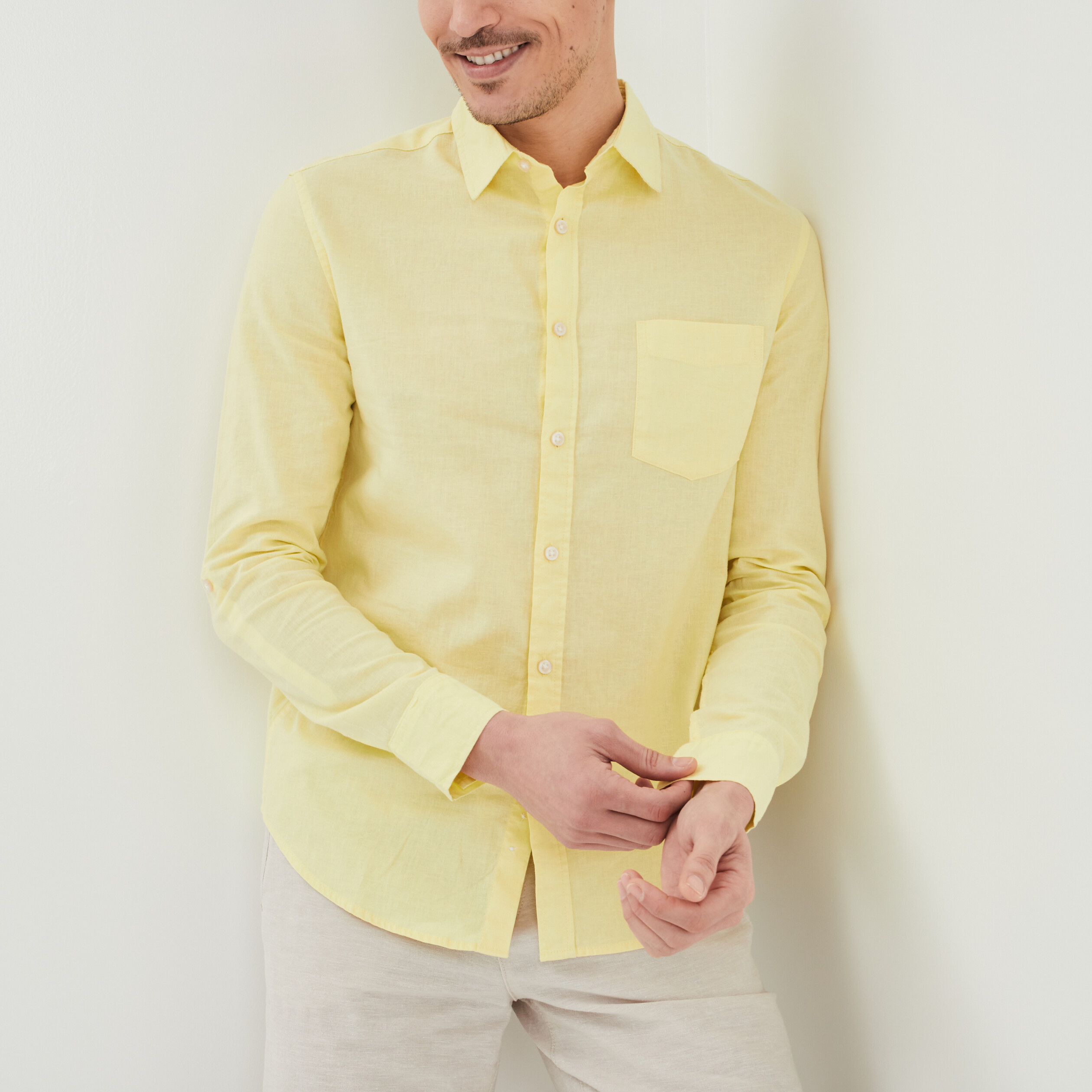 Chemise manches longues lin majoritaire jaune clair homme | La Halle