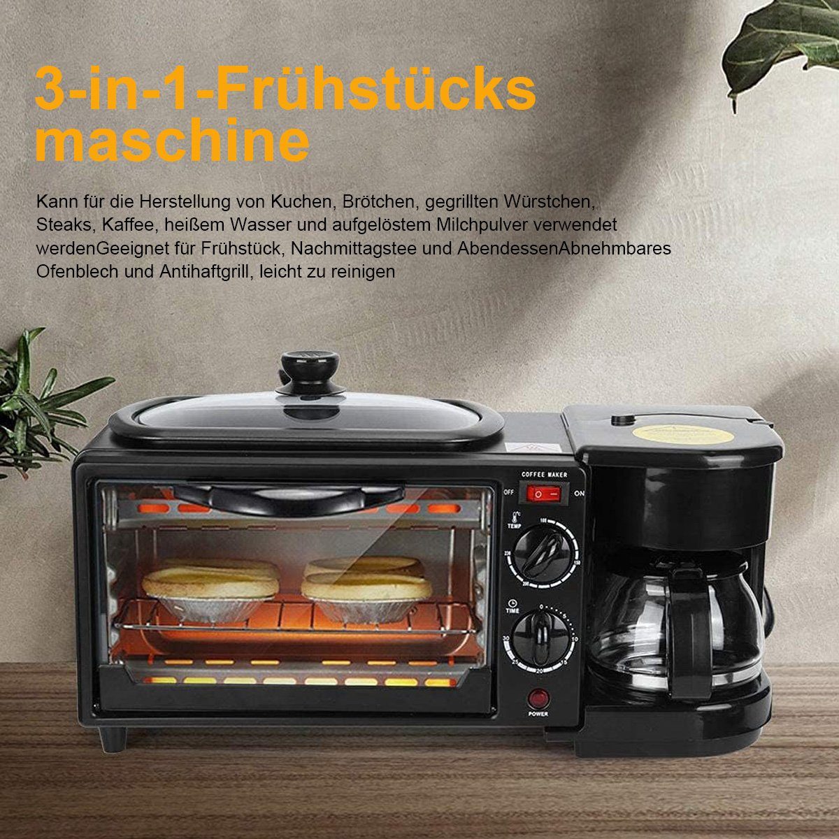 Yoyaxi Frühstücks-Set 3-in-1 Frühstücksstation mit Toaster, Bratpfanne und Kaffeemaschine (1-tlg), Zeitsparende Funktionen und vielseitige Zubereitungsmöglichkeiten