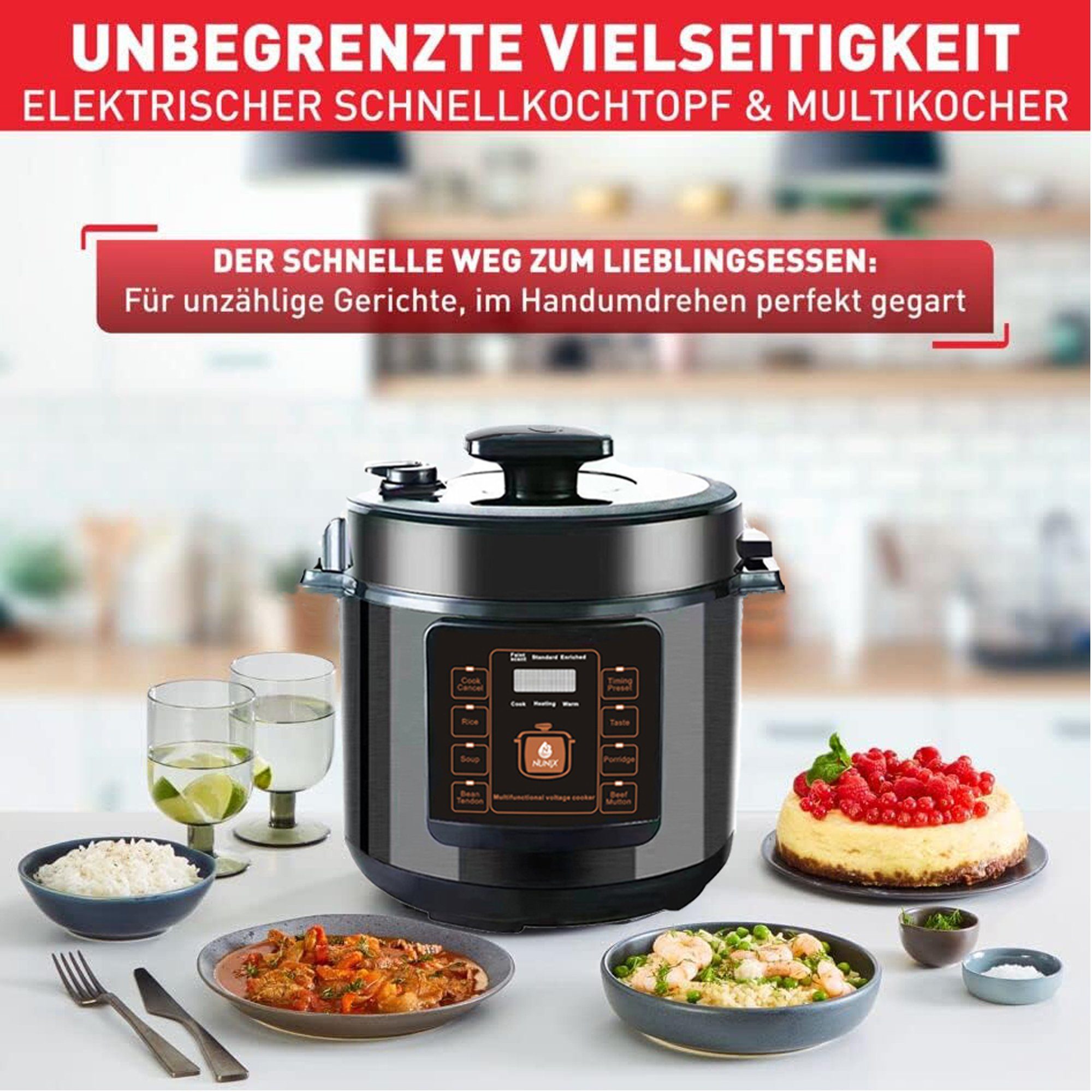 Mutoy Reiskocher Digitaler Reiskocher mit Dampfgarer weiß,Multikocher 6 Liter, Schnellkochtopf,Warmhaltefunktion, Timer,8 Automatische Programme