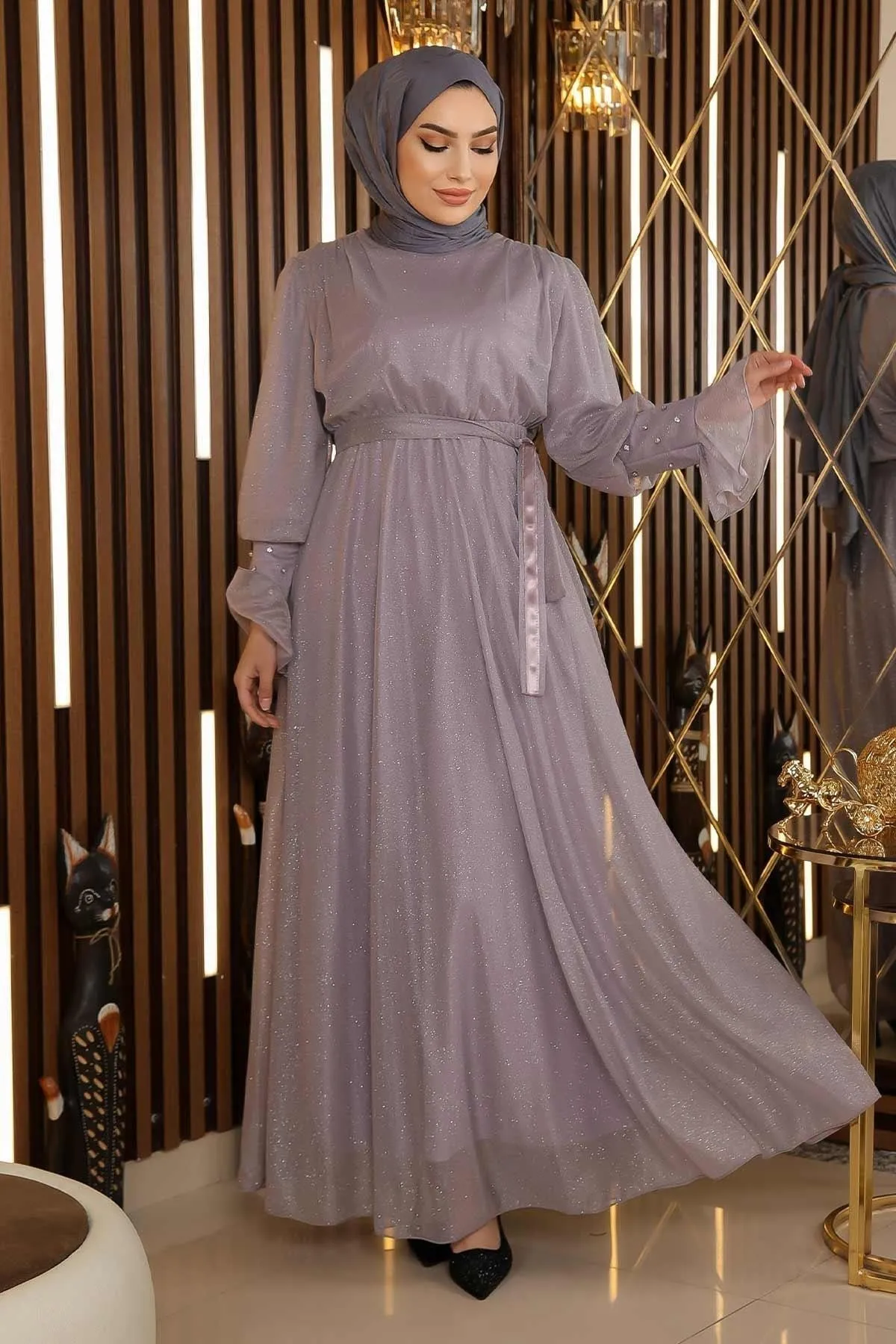 Modamihram  Abendkleid aus Chiffon mit Steindetail und Glitzer, Grau 19113
