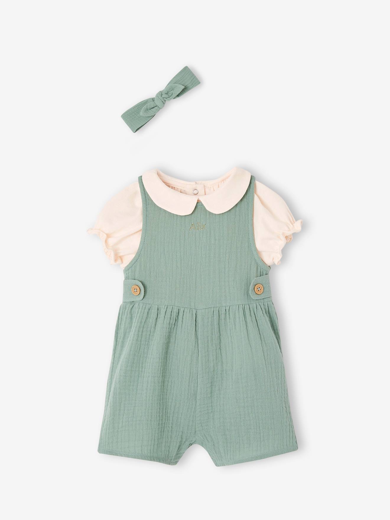 Vertbaudet Mädchen Baby-Set: T-Shirt, Kurzoverall & Haarband, personalisierbar - altrosa