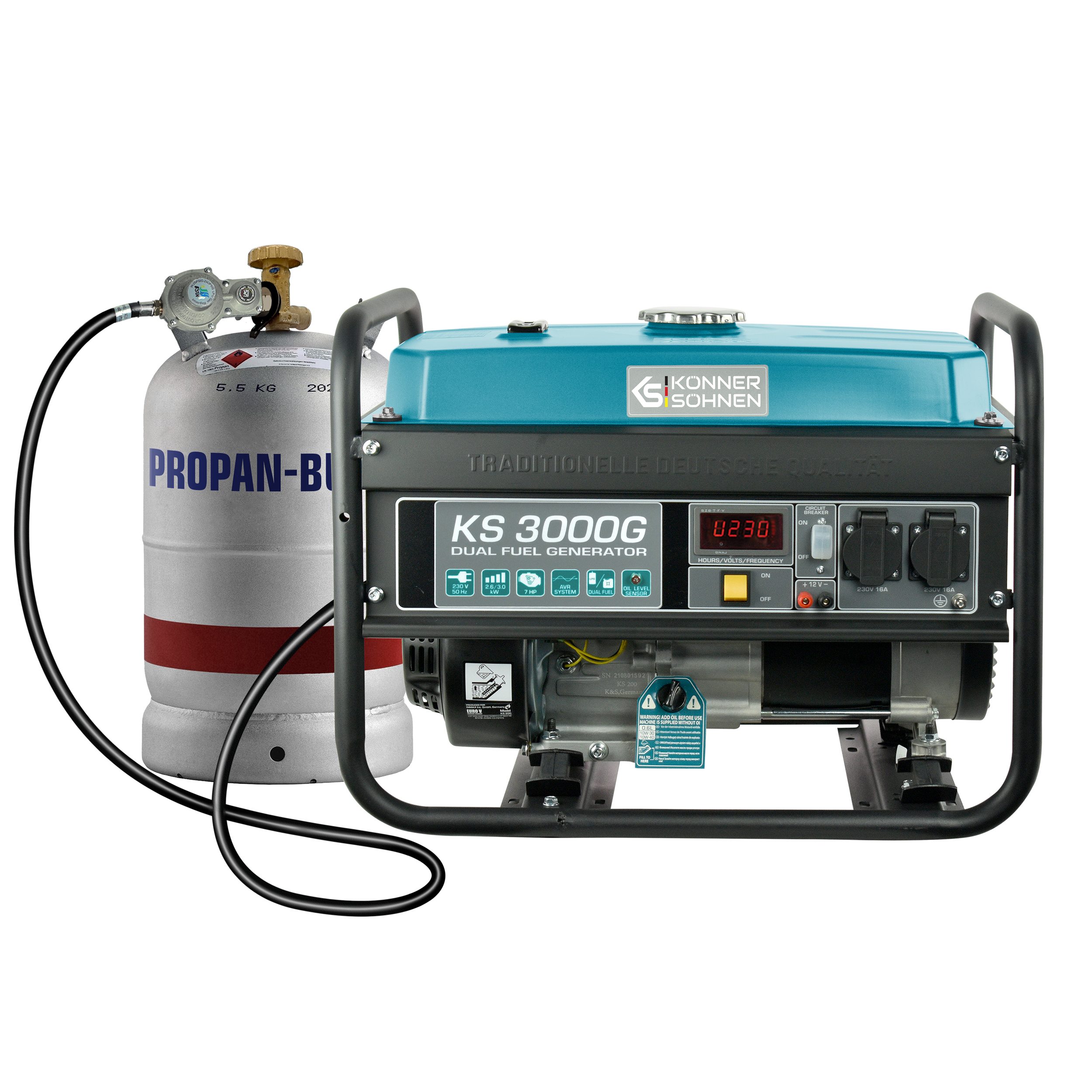 Könner & Söhnen Stromerzeuger KS 3000G, 3,00 in kW, (1-tlg., 4-Takt, Kupfer 2*16A), 230V Generator, für Kleinhaus, Garage oder Camping