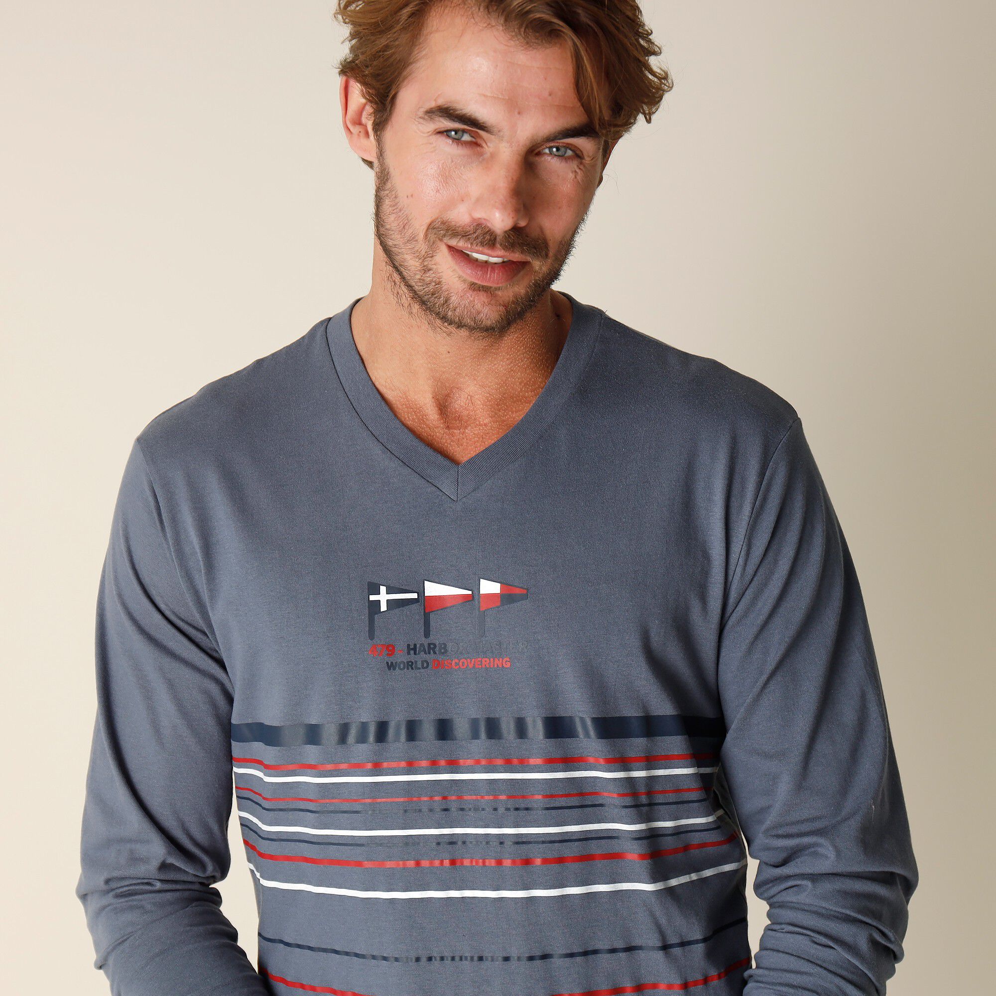 Pyjama long col V manches longues coton adouci