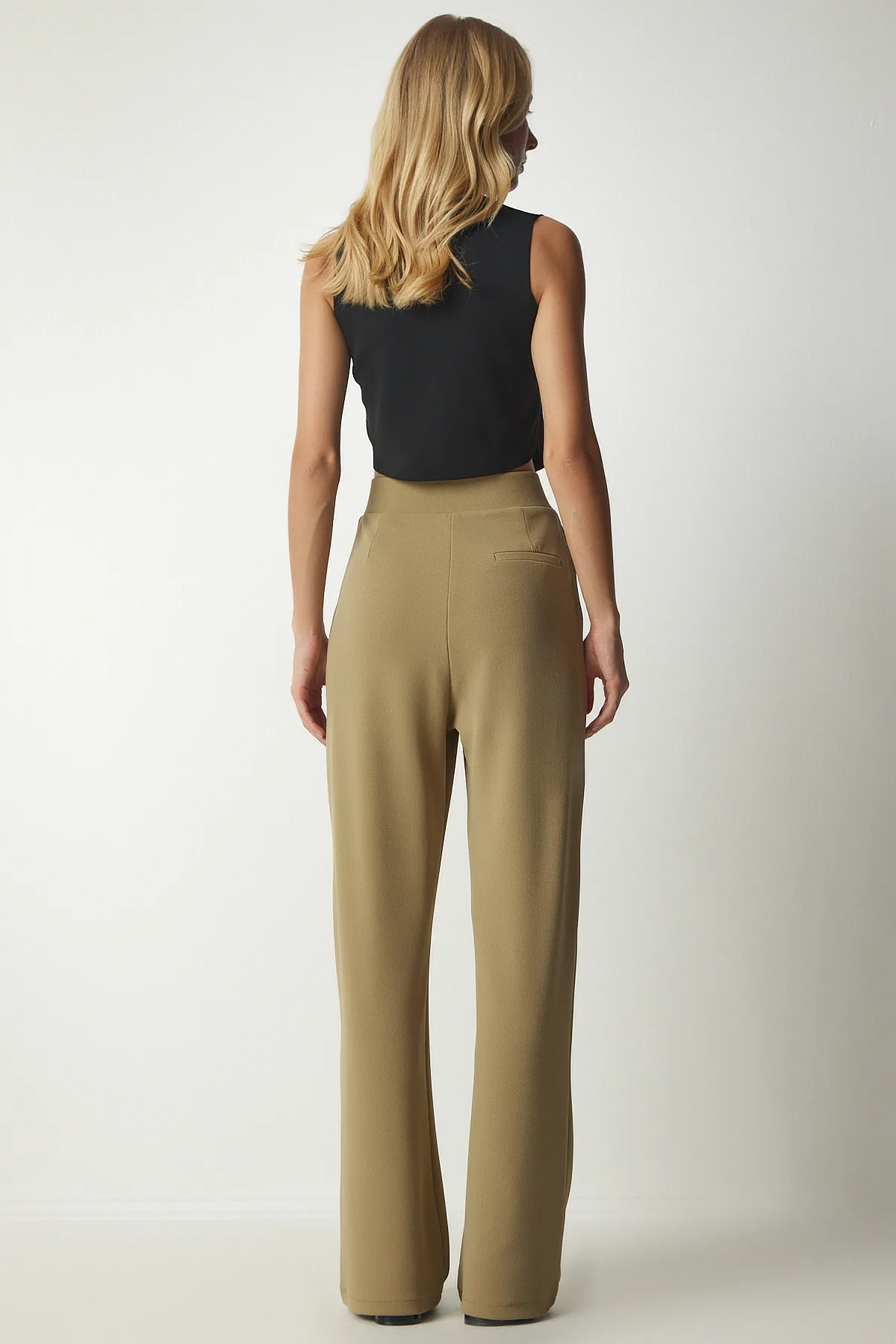 Happiness İstanbul  Bequeme gewebte Damenhose in Hellkhaki mit Klettverschluss an der Taille RV00150