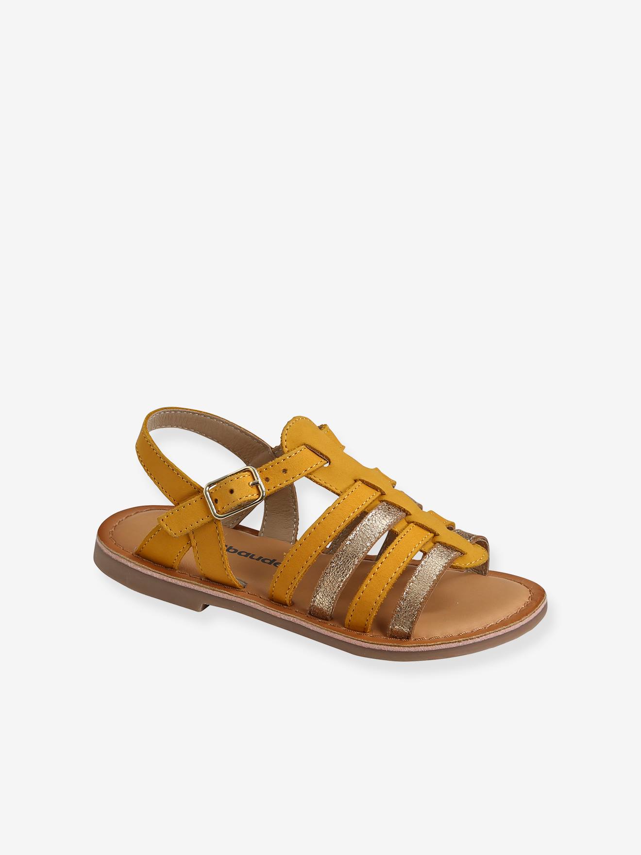 Sandales multi-brides cuir fille jaune fluo