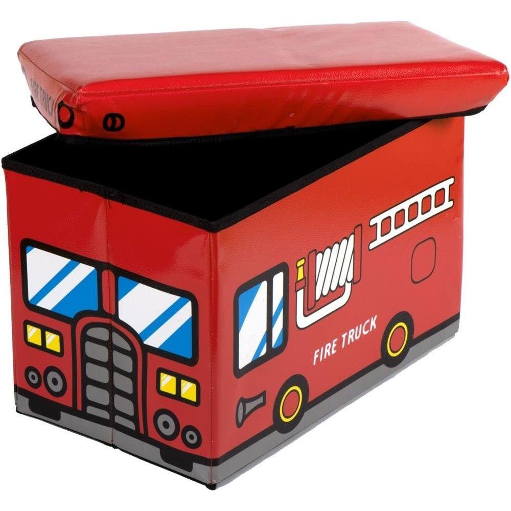 BIECO Spielzeugtruhe, Aufbewahrungsbox mit Deckel, gepolsterter Sitzhocker, faltbar, Motiv: Feuerwehr, 46l, 49 x 31 x 31 cm