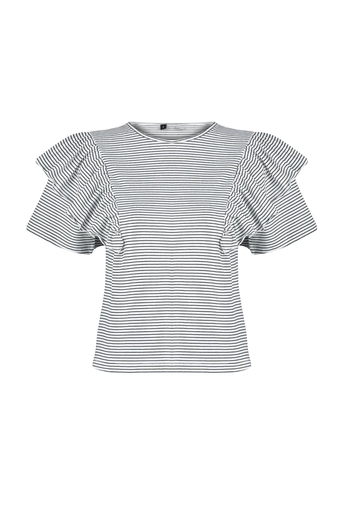 Trendyol Collection  Schwarzes Strick-T-Shirt mit Rüschenärmeln, regulärer/normaler Passform, gestreiftem Rundhalsausschnitt TWOSS24TS00061
