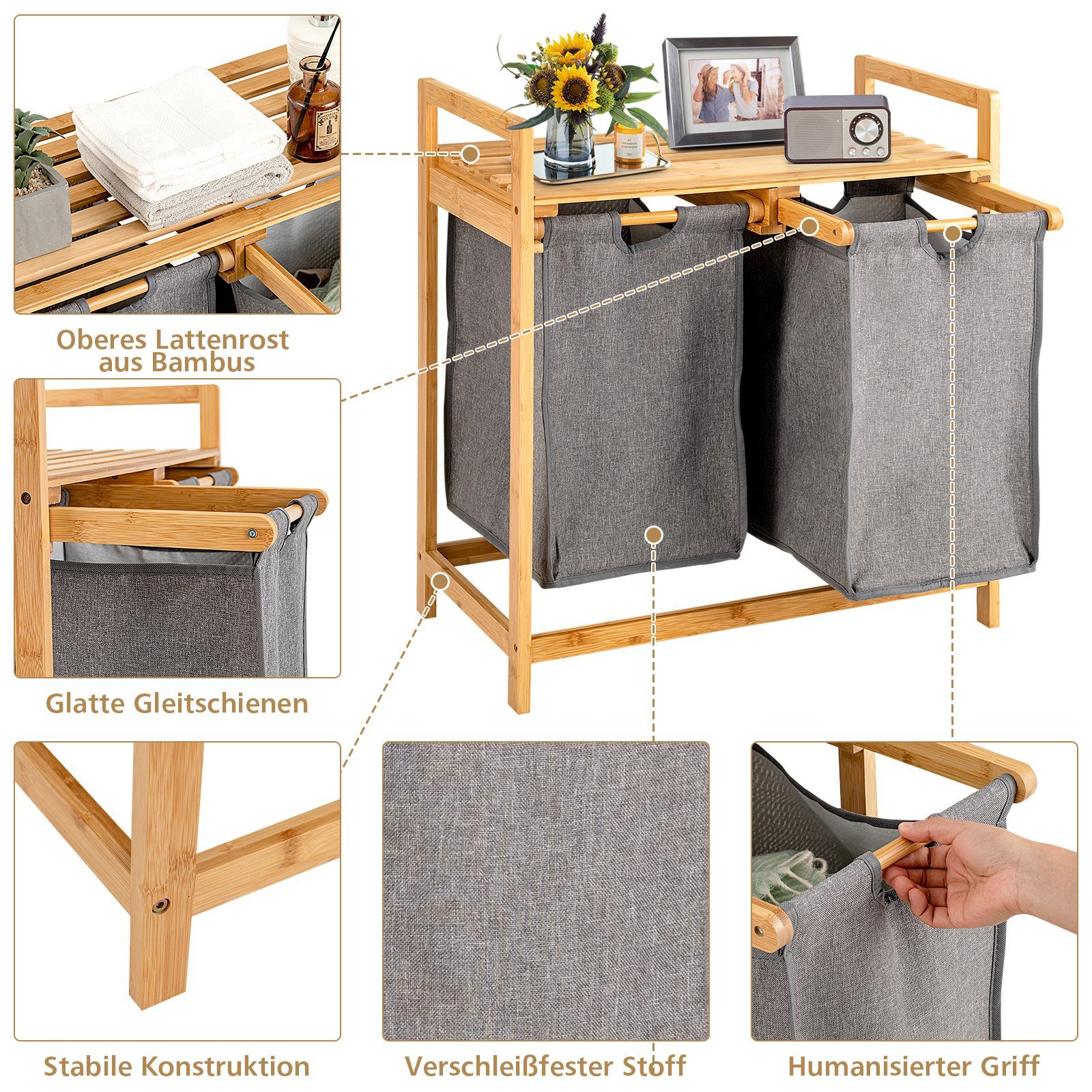 COSTWAY Wäschekorb, 2 Fächer Bambus, mit Ablage, 64x33x73cm