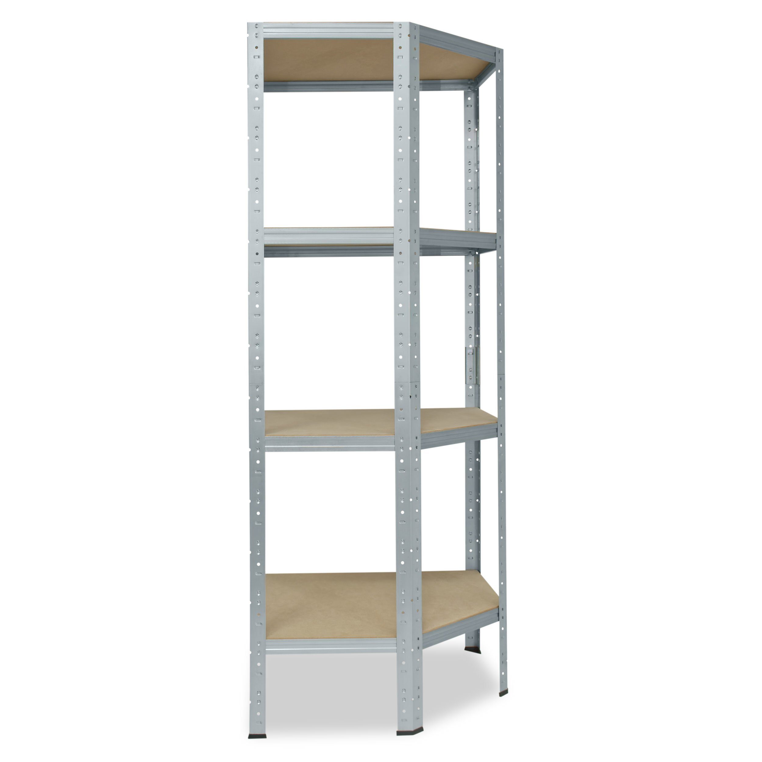 shelfplaza Eckregal HOME, 155x60x30cm verzinkt, Metall Eckregal stehend mit 4 Böden, Corner Shelf 175kg Tragkraft Schwerlastregal Ecke, Steckregal verzinkt Eckregal Keller Garagen Regal
