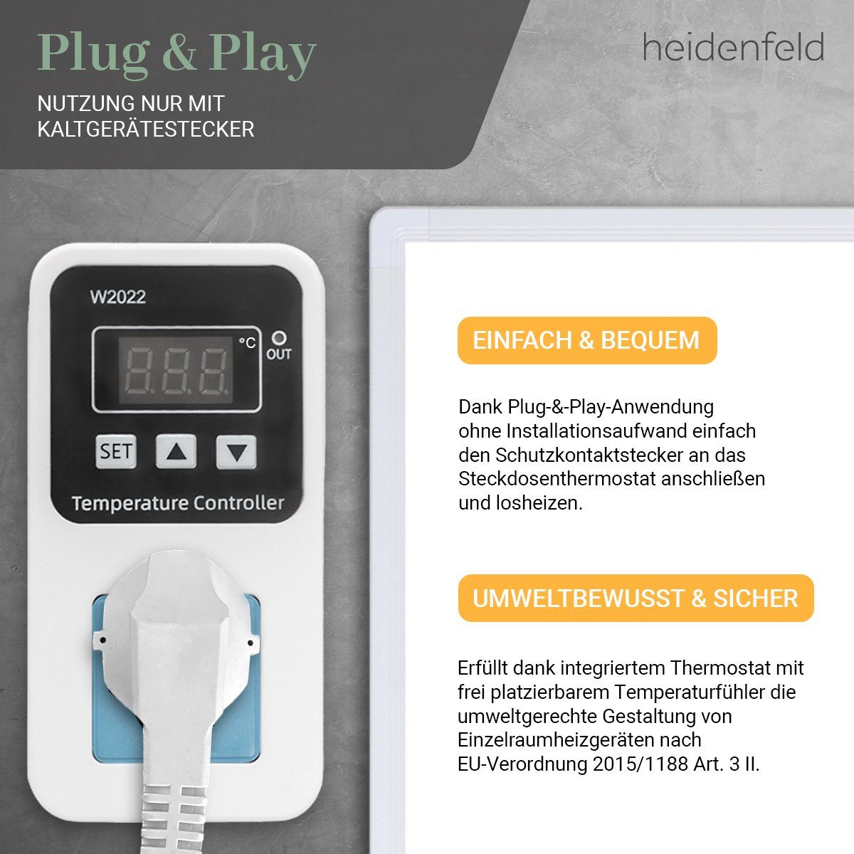 Heidenfeld Infrarotheizung 300 - 1200 Watt Infrarotheizung HF-HP100-1, 10 Jahre Garantie, Infrarot Wandheizung Elektroheizung Heizung Heizkörper mit Stecker