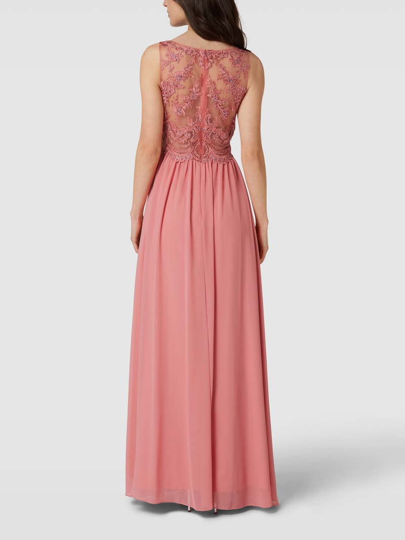 Abendkleid mit floralen Stickereien in lachs