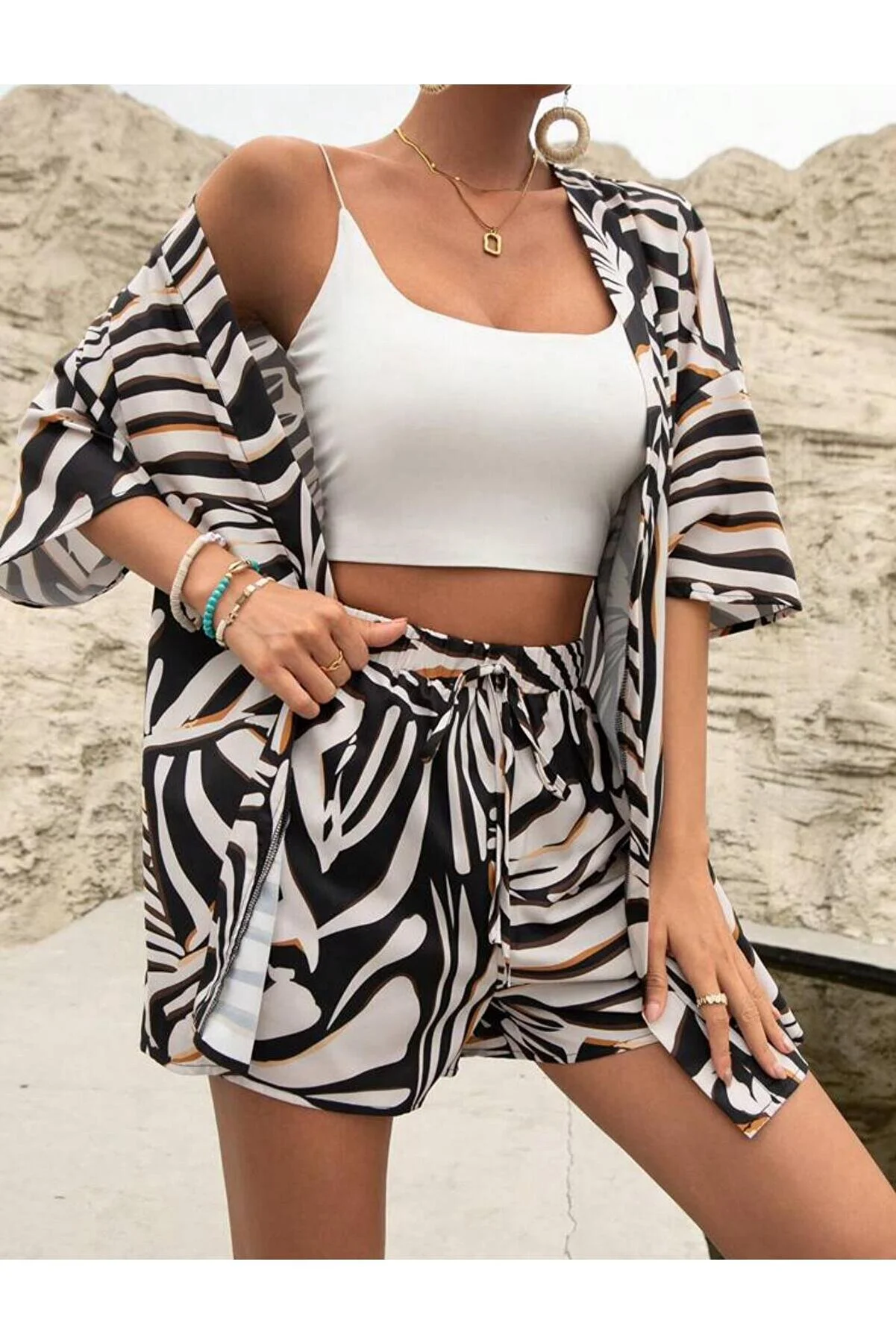AFROGİYİM  Allover-Print-Kimono-Set mit Shorts für Damen – schulterfrei