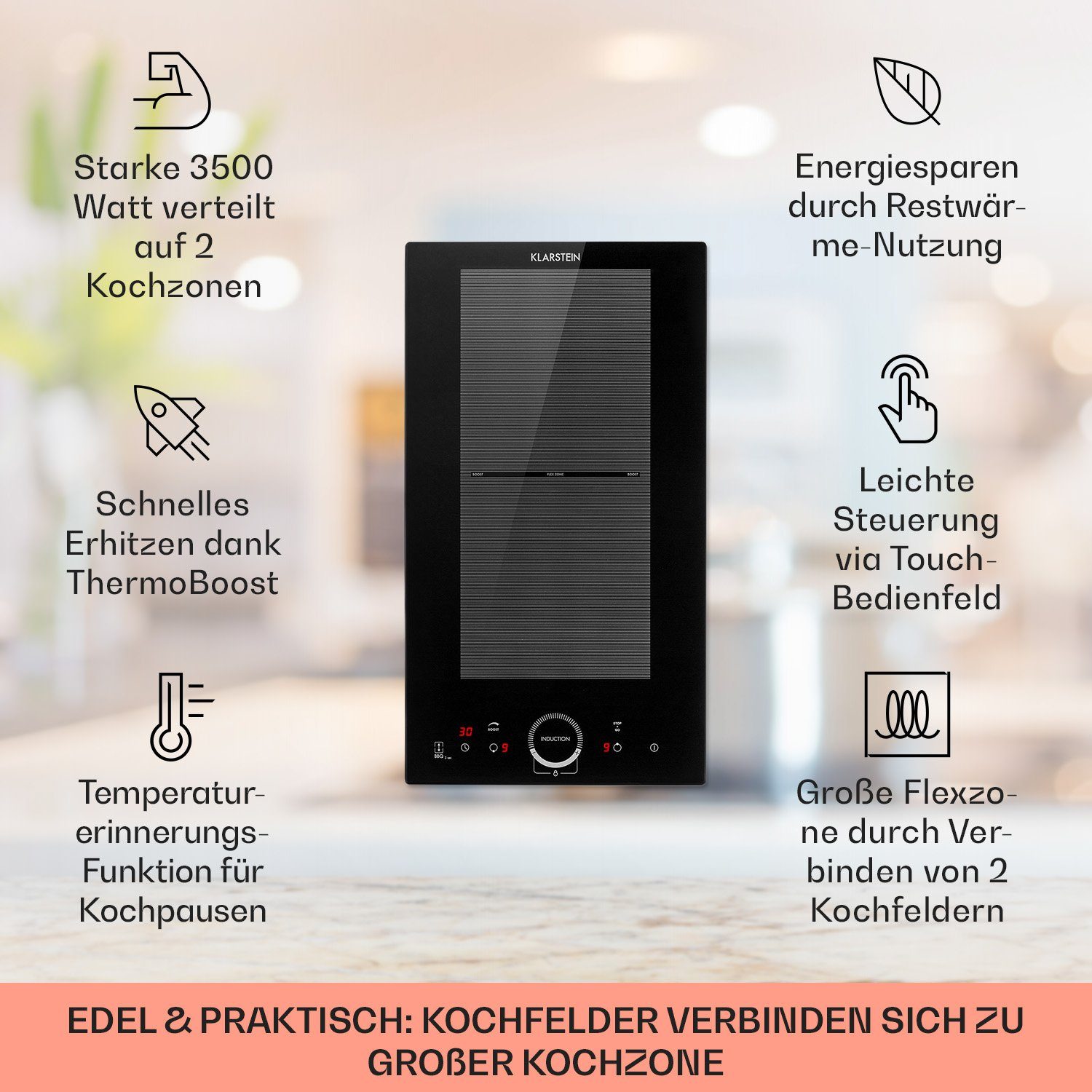 Klarstein Induktions-Kochfeld Delicatessa Slim Domino Induktionskochfeld 3500W Timer schwarz CP4-Delicatessa-Slim, Einbau Induktionsherd 2 Kochfelder Platten Elektro Einbaukochfeld