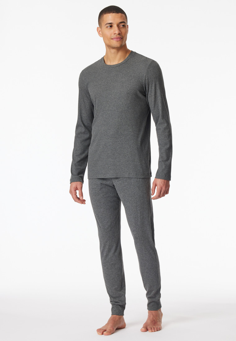 Schlafanzug Doppelripp lang Bündchen dunkelgrau meliert - Modern Nightwear
