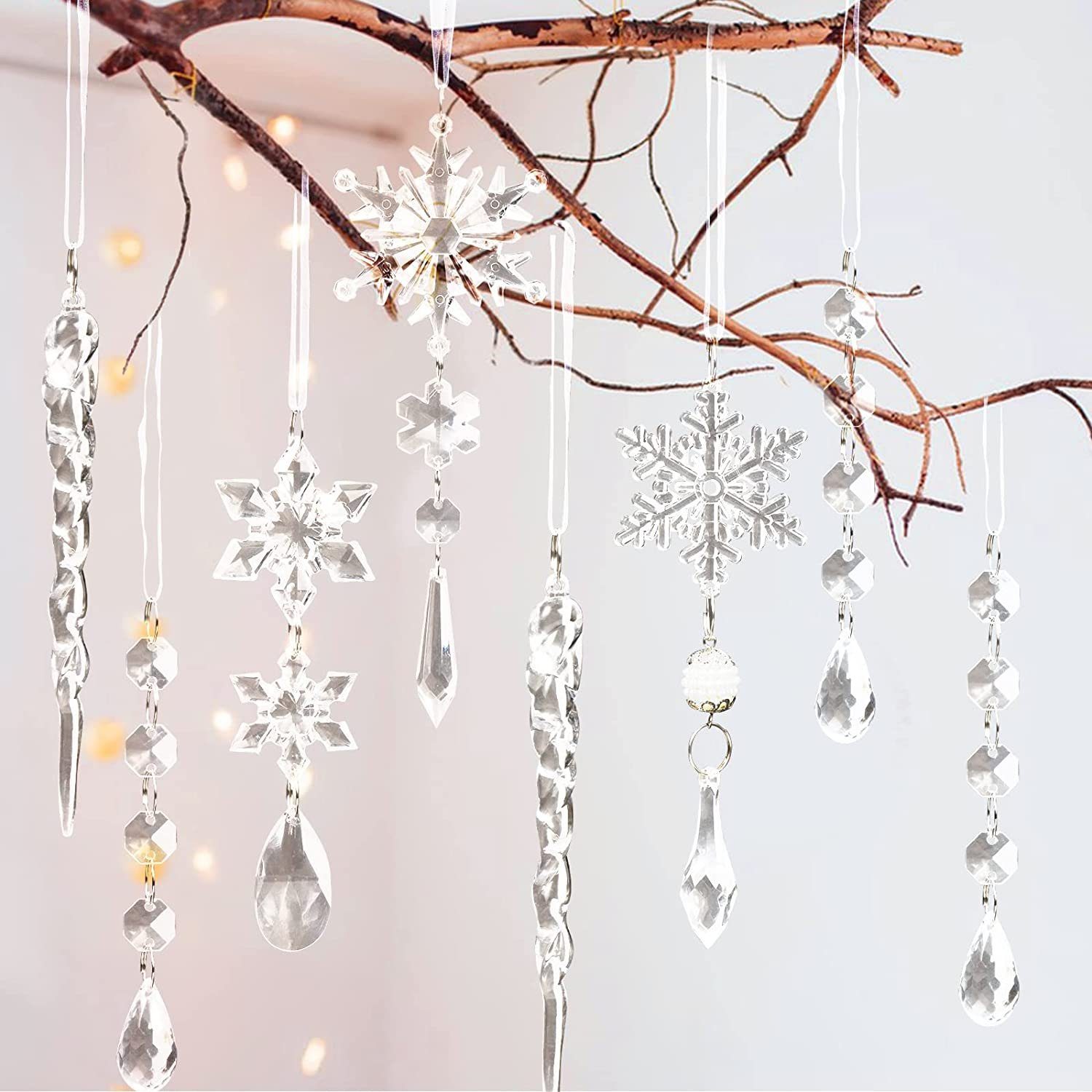 Lamon Christbaumschmuck 10 Stück Weihnachtsbaumschmuck Kristallornamente, hängende Weihnachtsschneeflocken Eiszapfen Tropfen