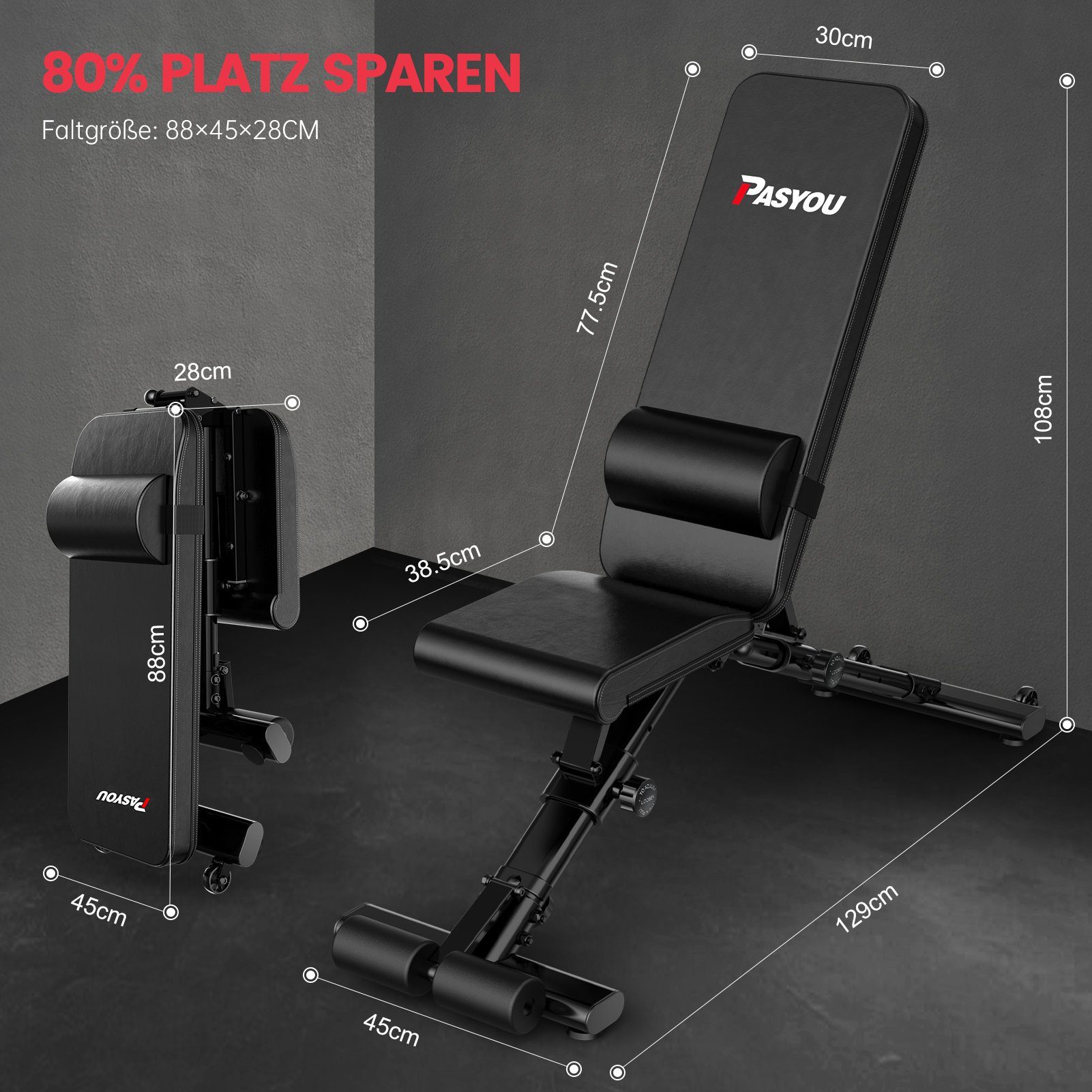 PASYOU Hantelbank PA500 Klappbare Verstellbare Hantelbank, Bankdücken Bank für zu Hause, 400KG Gewichtsbelastung
