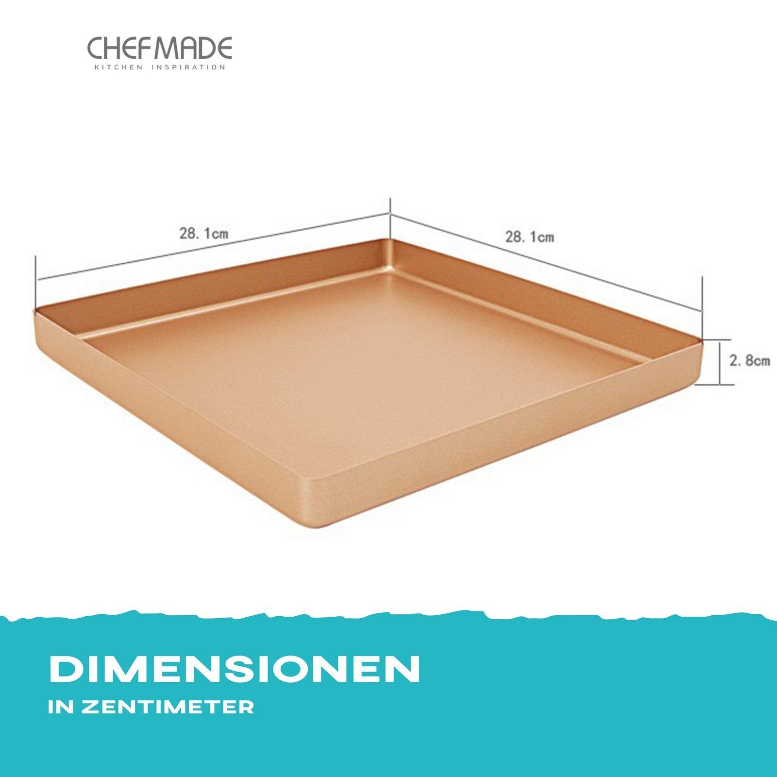 Chefmade Kuchenblech Kuchenblech, Karbonstahl, (CHEFMADE, 28cm Biskuitboden Form, 281x281x28mm, Champagnergold, antihaft- & silikonbeschichtet, Rechteckform, Auflaufform, Kuchenform, Backform, Ofenform, Karbonstahl, 1-St., Premium), Biskuitform - Bac