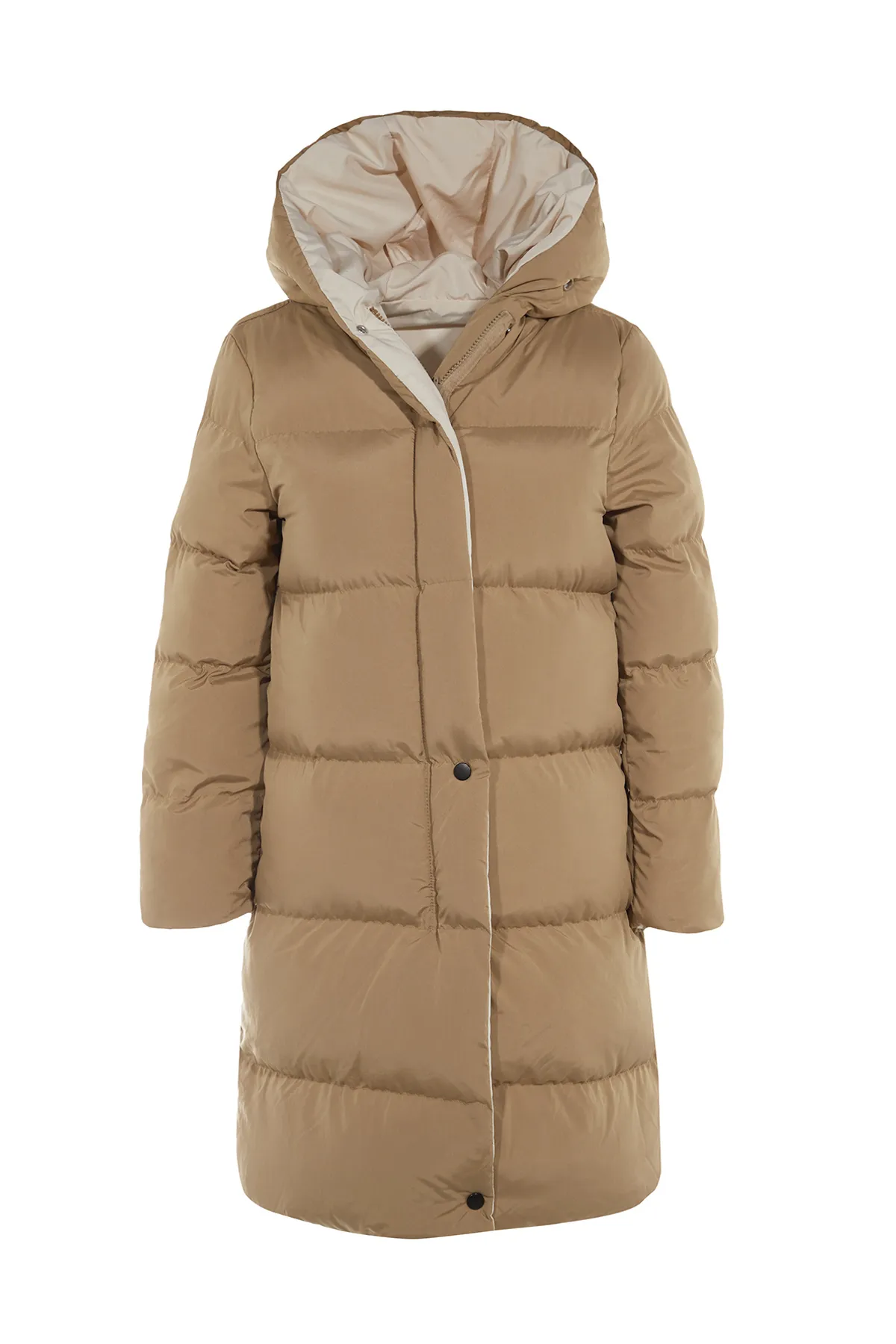 Trendyol Collection  Braun-Ecru doppelseitige, wasserabweisende, lange Pufferjacke mit Kapuze TWOAW23MO00052