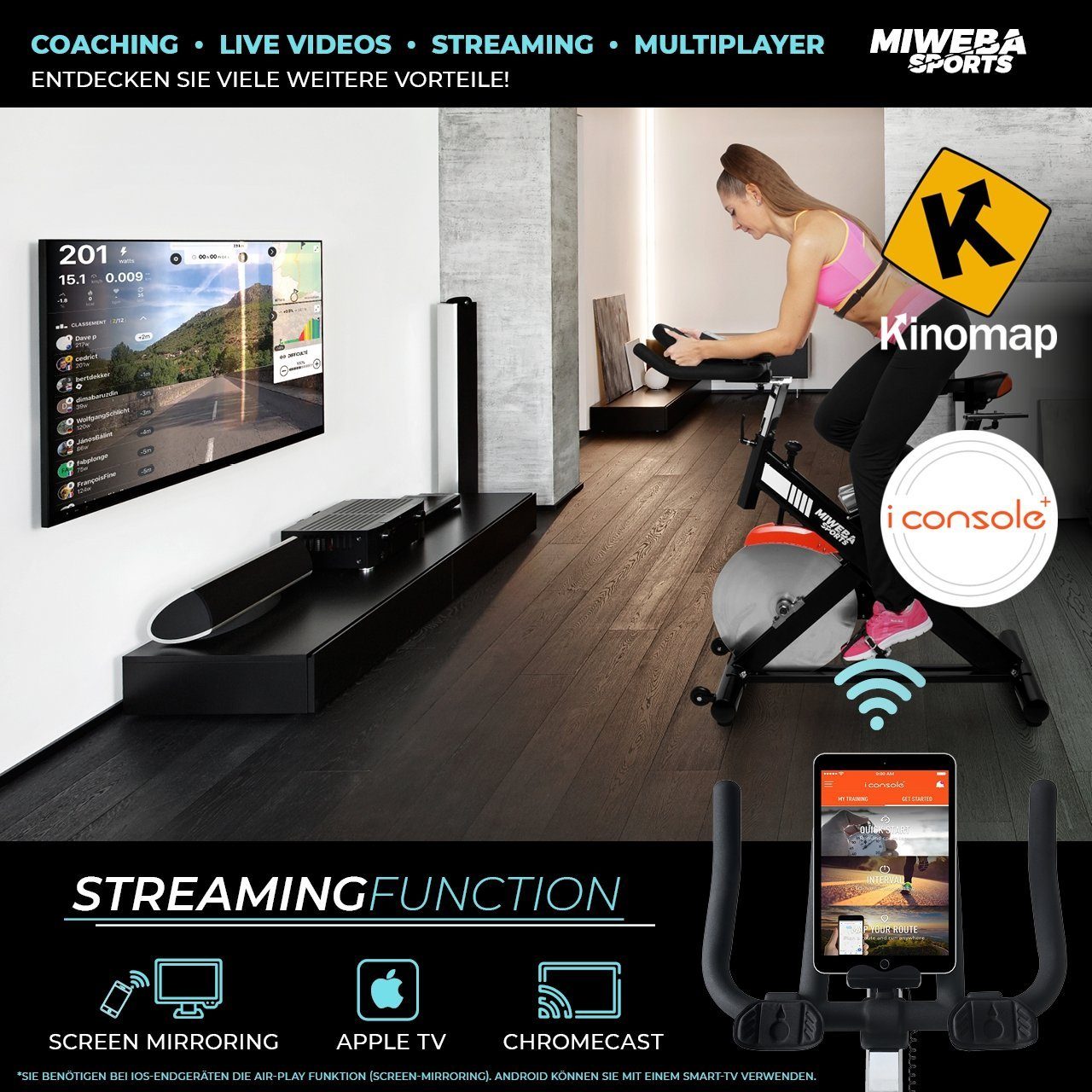 Miweba Sports Speedbike Profi Indoor Cycle Bike MS400 inkl. Pulsgurt - 22 Kg Schwungmasse (Sportgeräte für zu hause, Heimtrainer Fahrrad, Trimmrad, Fahrradtrainer, Cardio, Sport, Training, Ganzkörpertraining, 2-tlg., Trinkflasche, iConsole+, Multifun