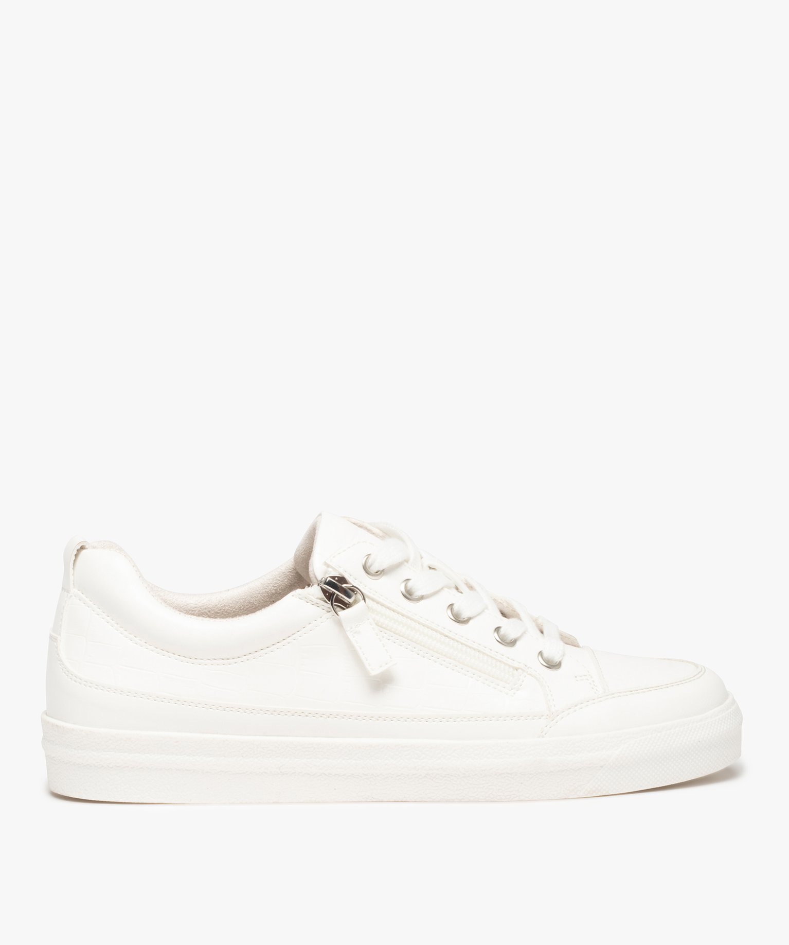 Baskets femme unies à lacets et zip motif croco blanc | GEMO