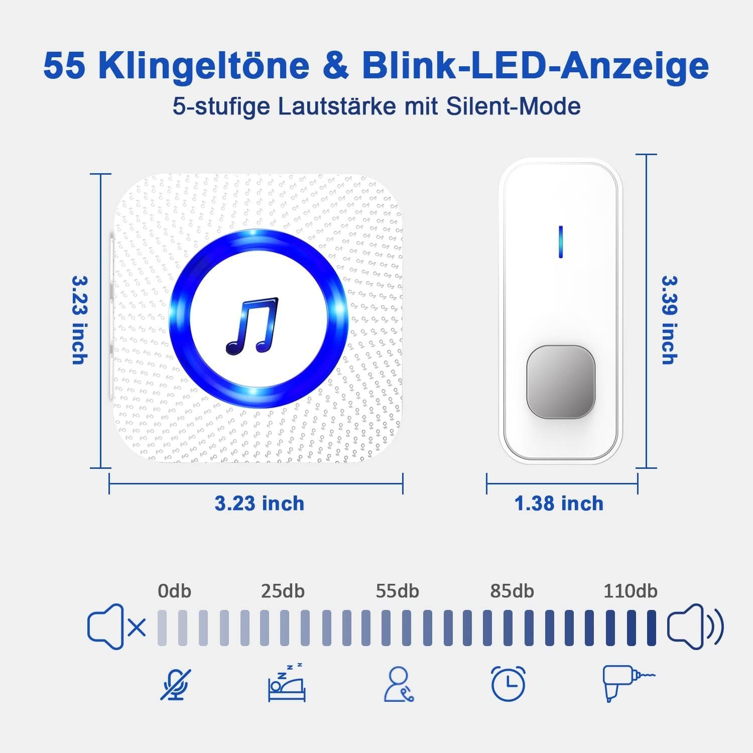 Yaviel Türklingel-Set Funkklingel Kabellos Wasserdicht Türklingel 400m Reichweite 110dB, 55 Klingeltöne, Aussen Batteriebetrieben Klingelanlage Außen Funk Klingel Haustür